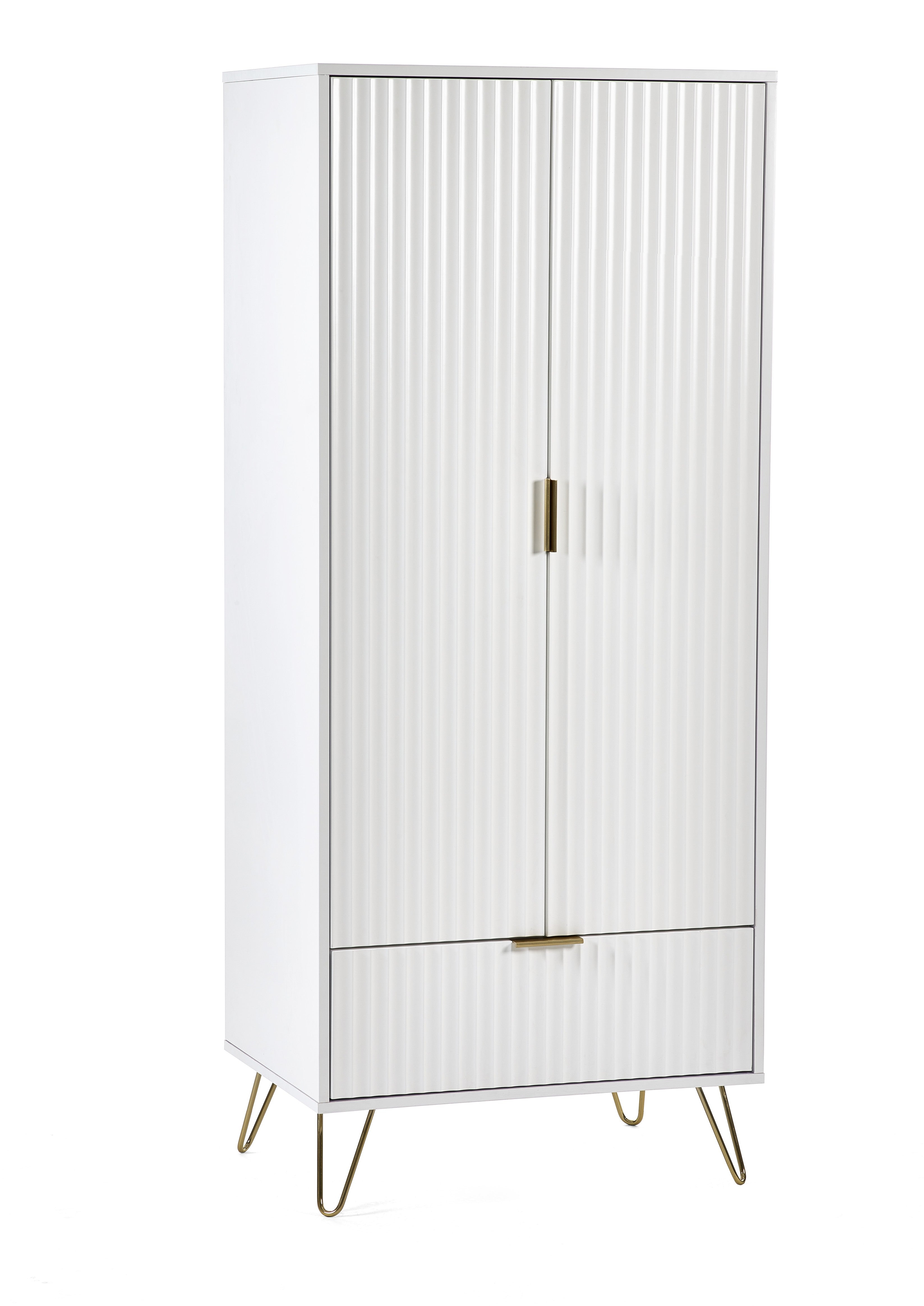 White cabinet with gold legs and handles on a white background