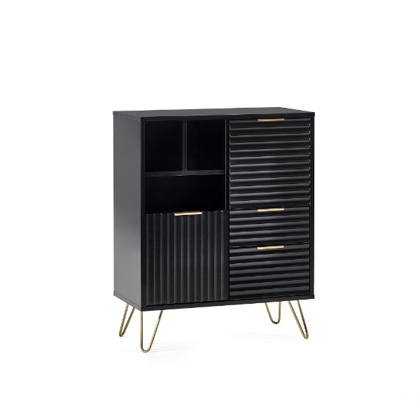 Black cabinet with gold legs on a white background