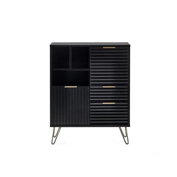 Black cabinet with horizontal slats and hairpin legs on a white background
