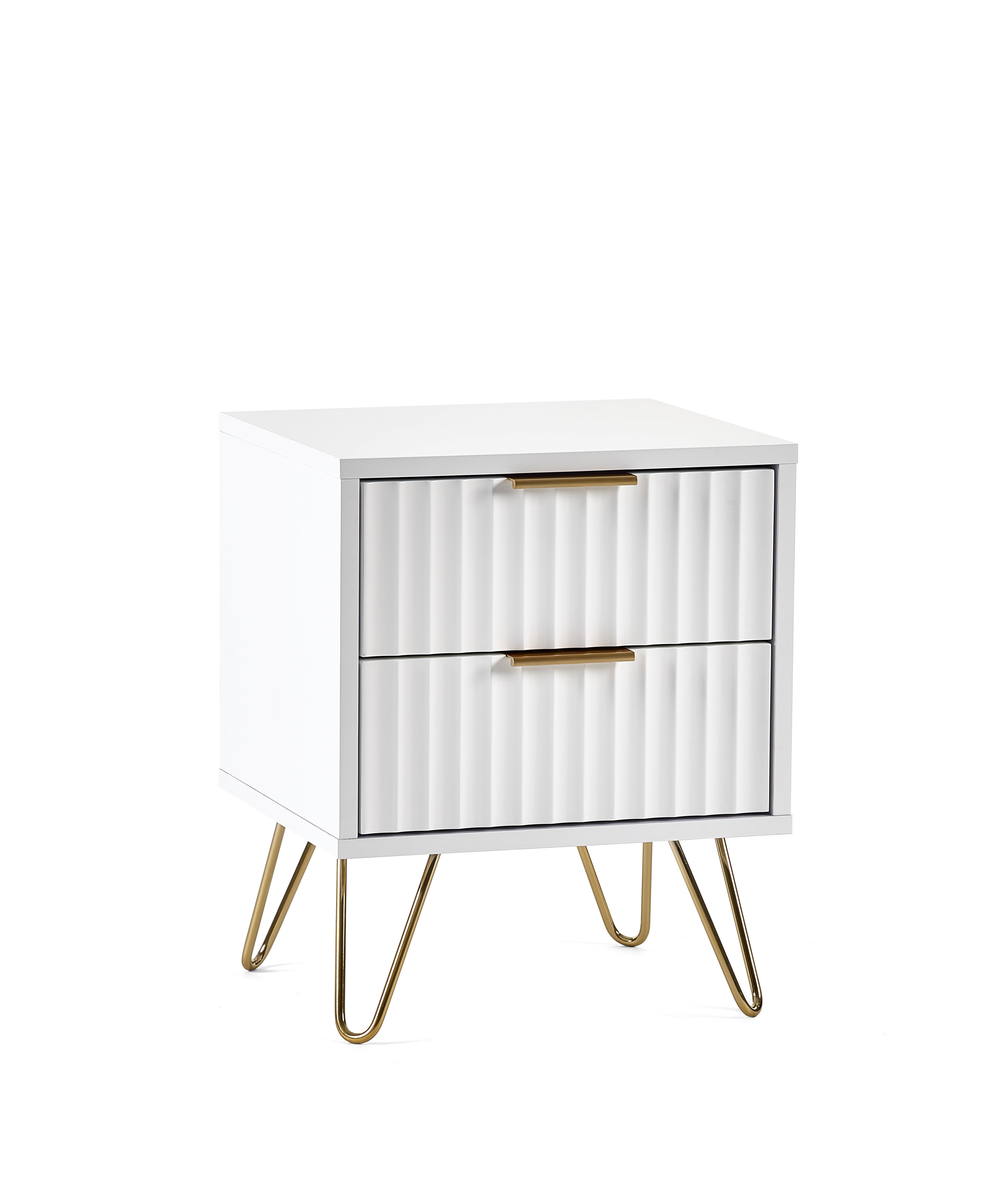 White nightstand with gold legs on a white background