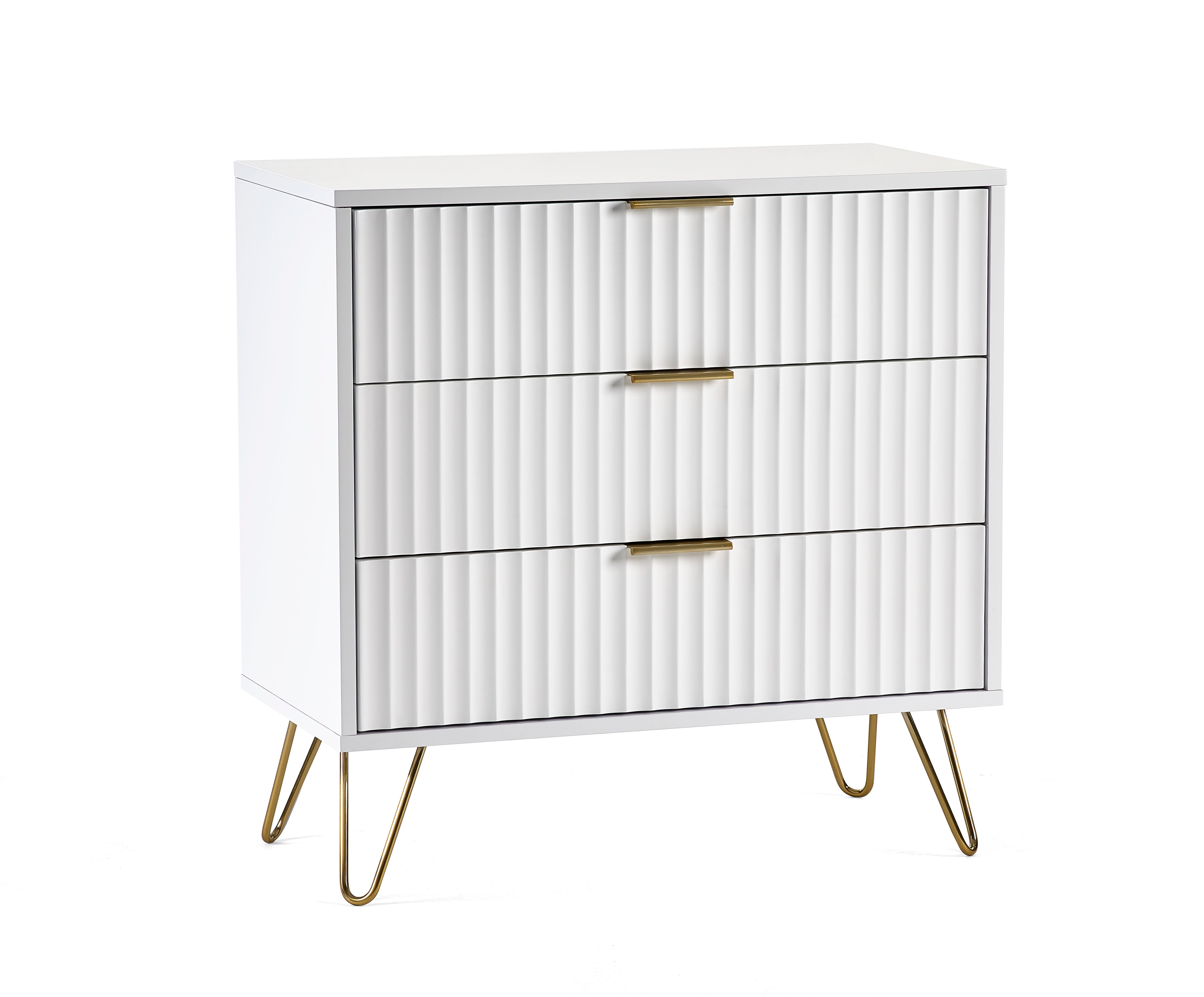White dresser with gold legs and drawers on a white background