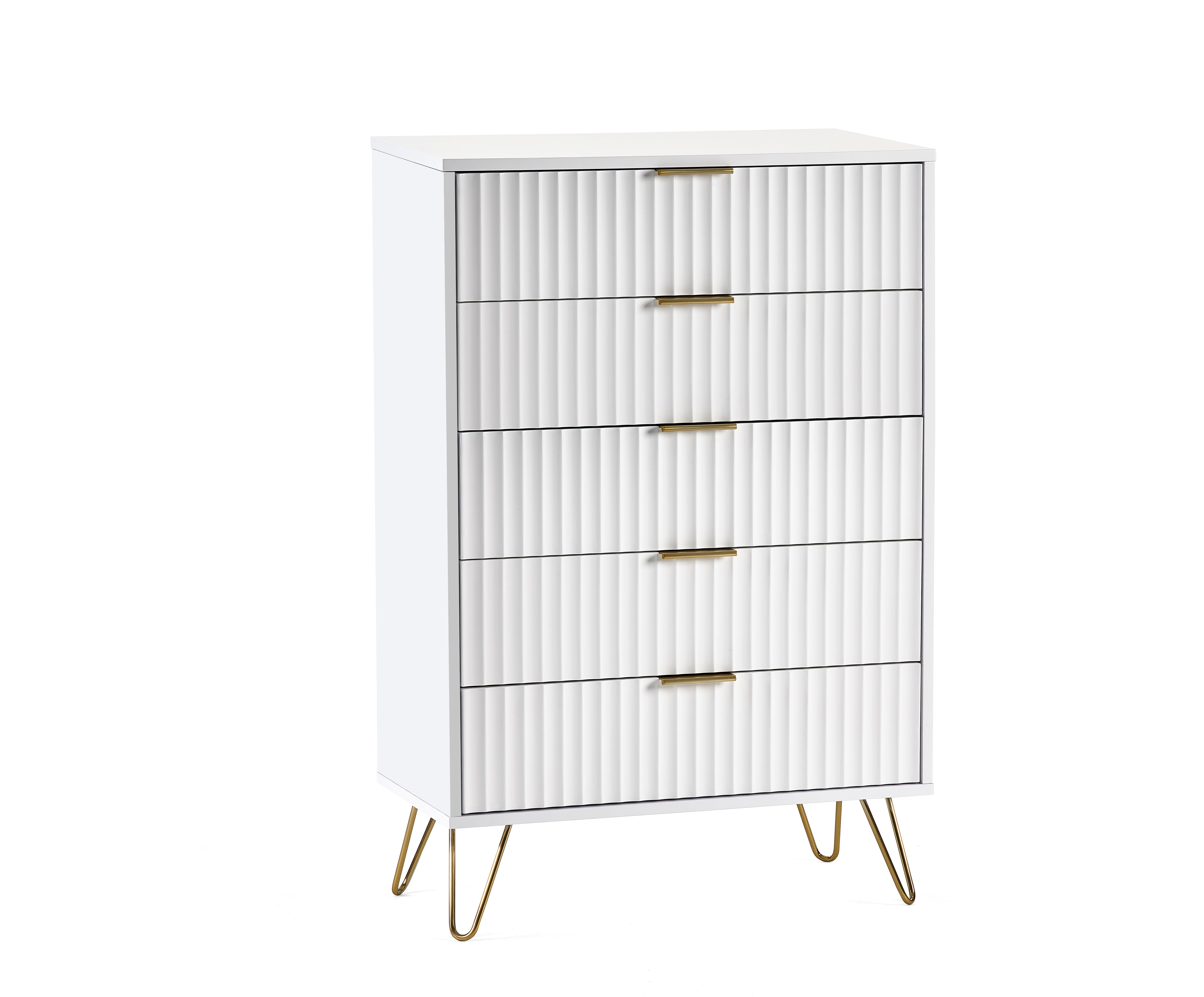 White dresser with gold legs and handles on a white background