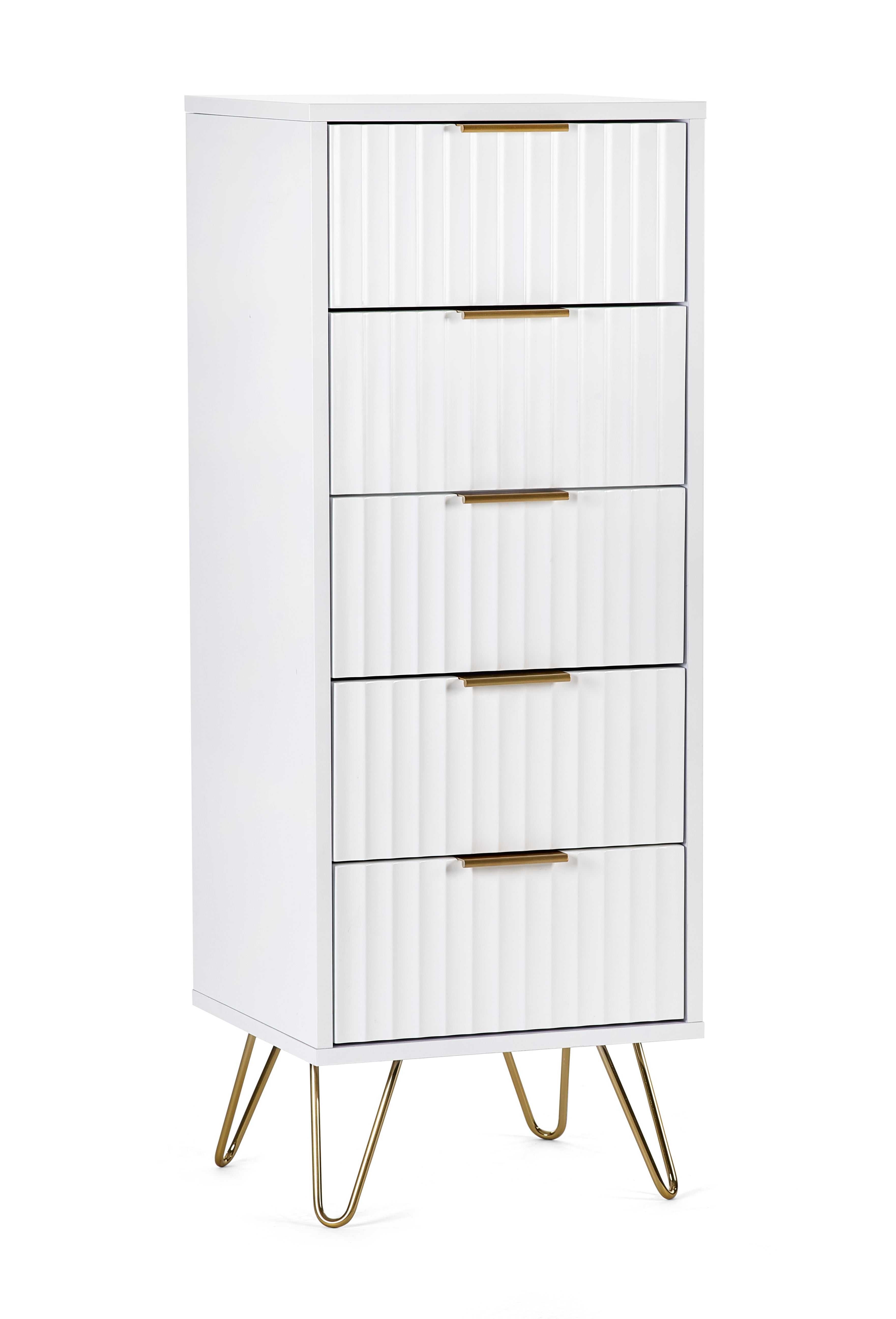 White cabinet with gold legs and drawers on a white background