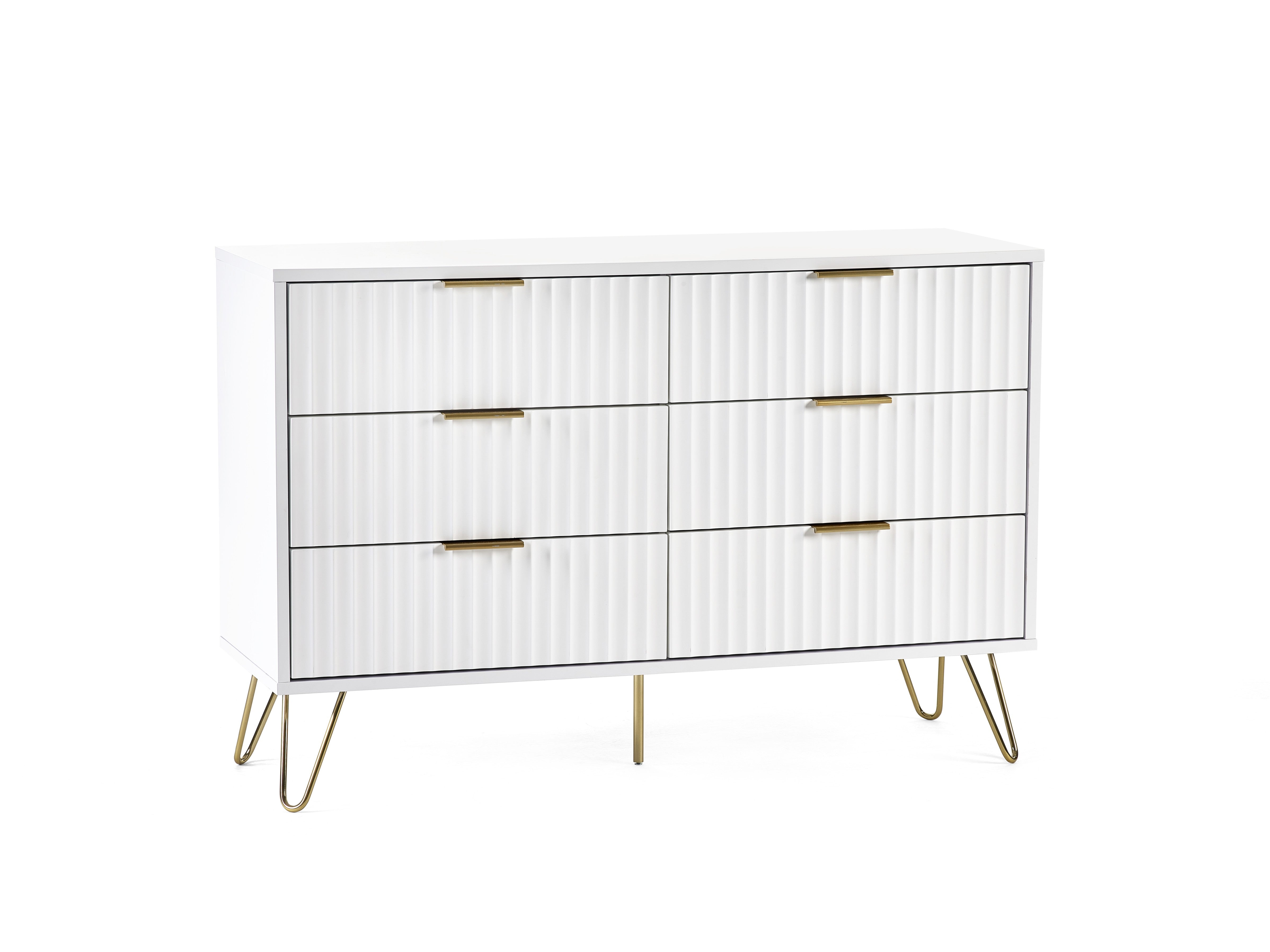 White dresser with gold accents on a white background