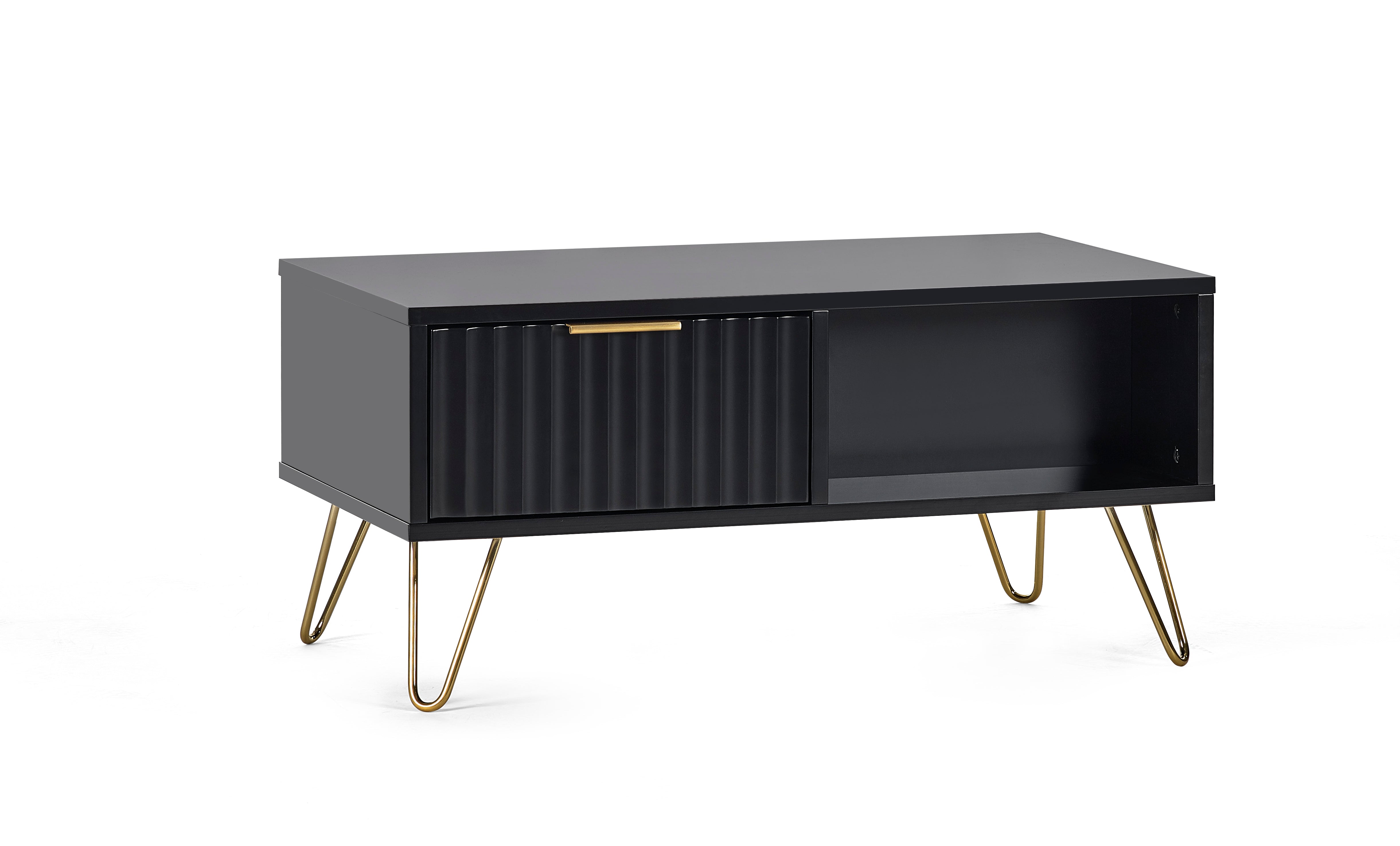 Black coffee table with gold legs on a white background