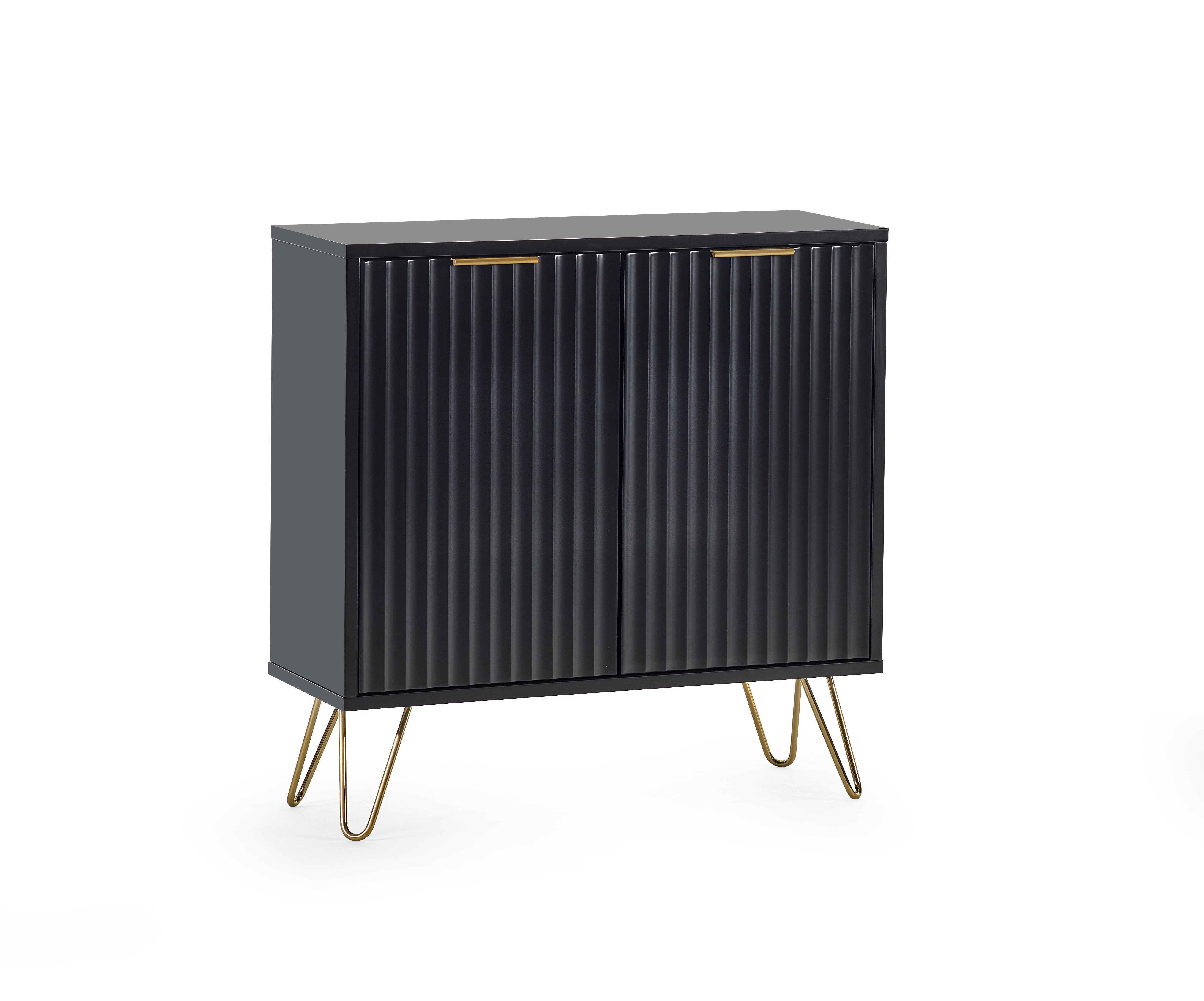 Black cabinet with gold legs on a white background
