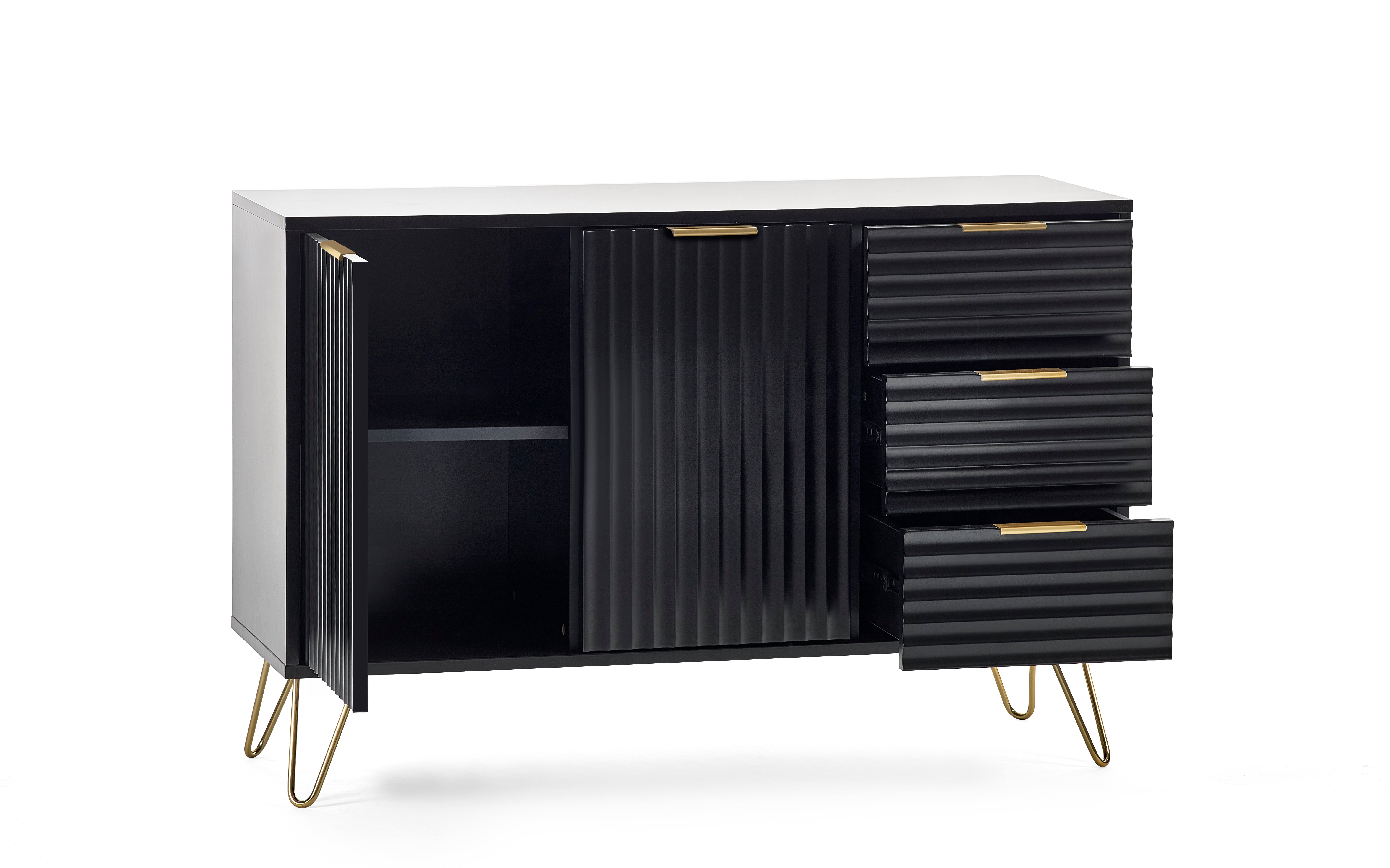 Black cabinet with drawers on a white background