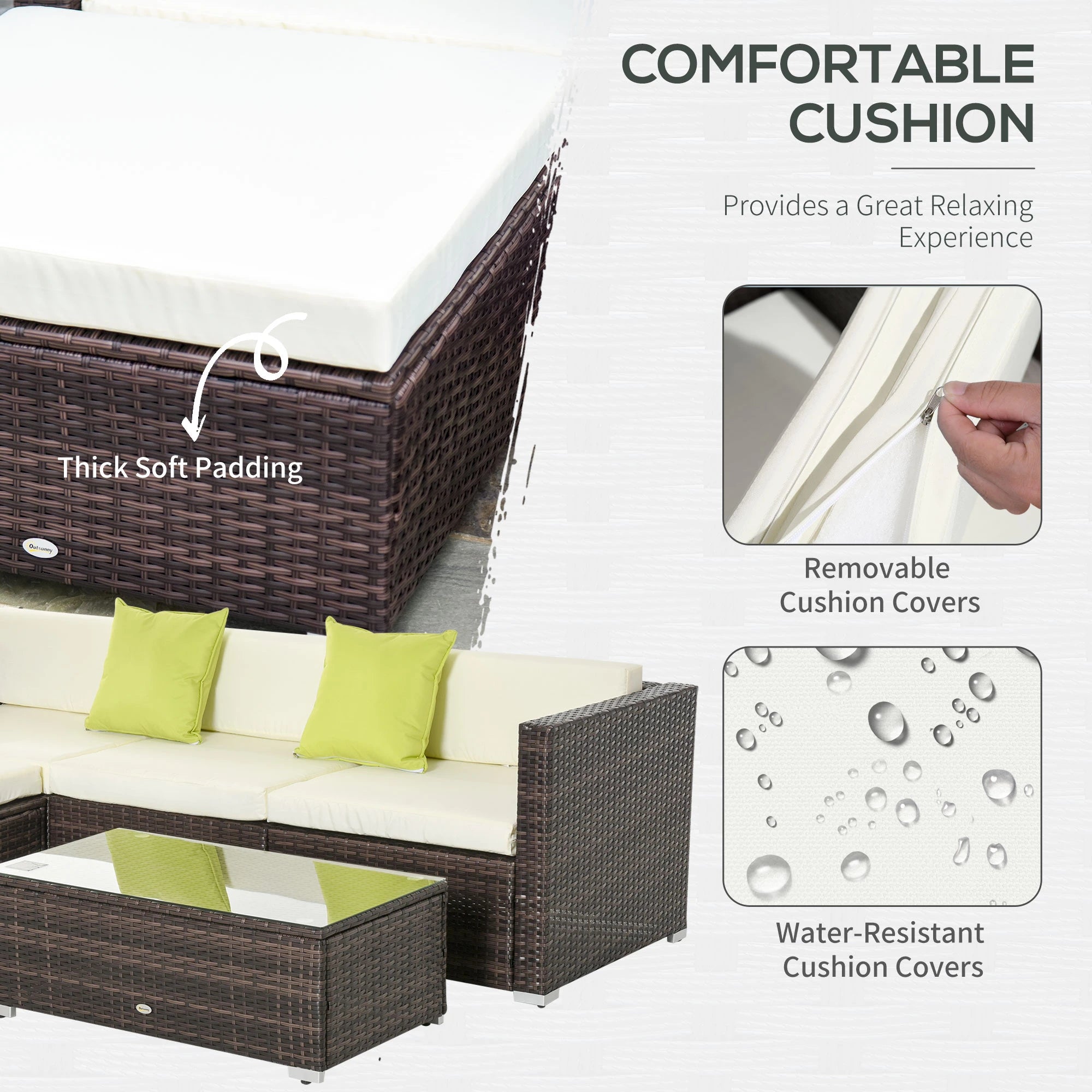 Outdoor furniture set with green cushions and text highlighting comfort features.