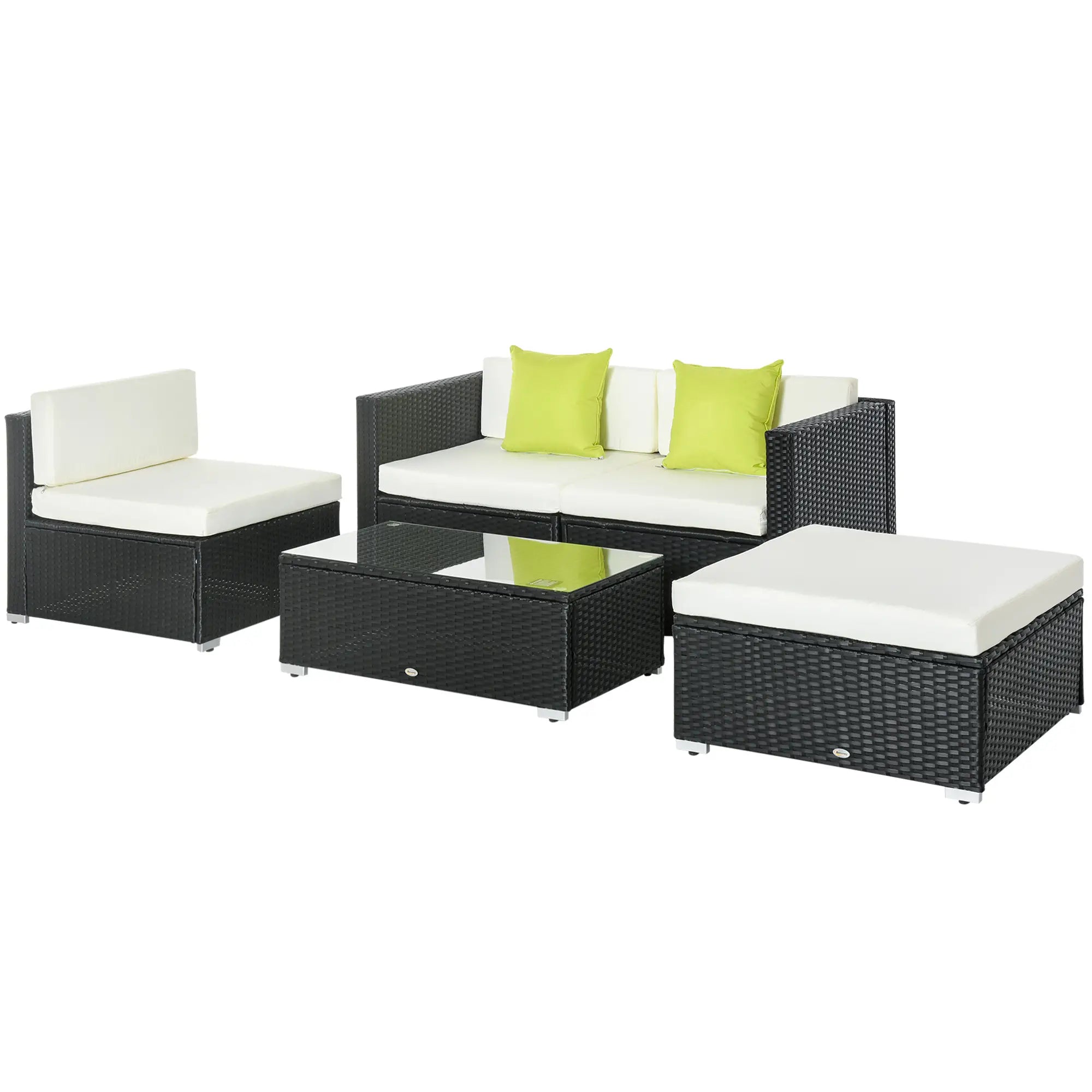 Outdoor furniture set with black wicker frames, white cushions, and green pillows on a white background.