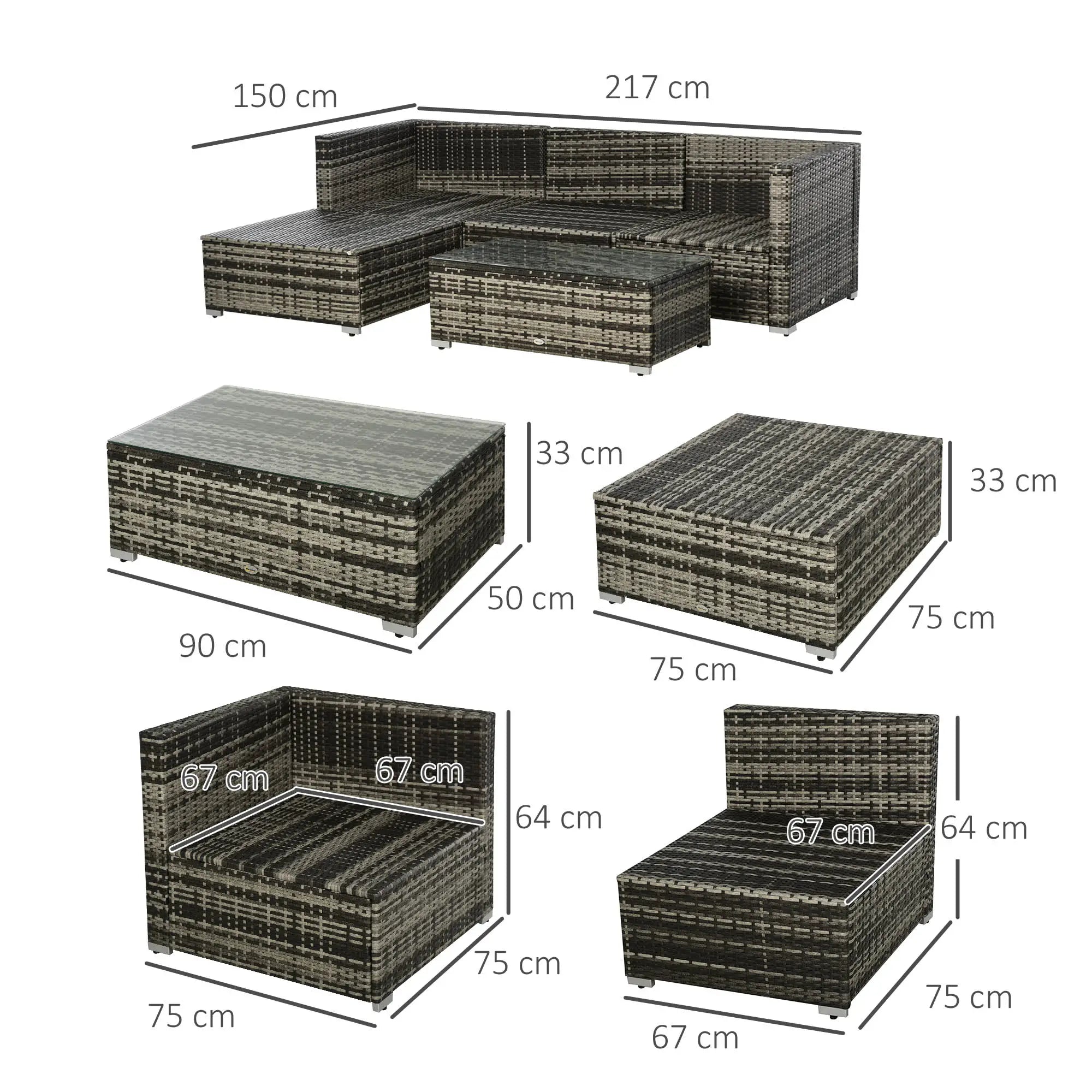 Dimensions of a wicker outdoor furniture set on a white background