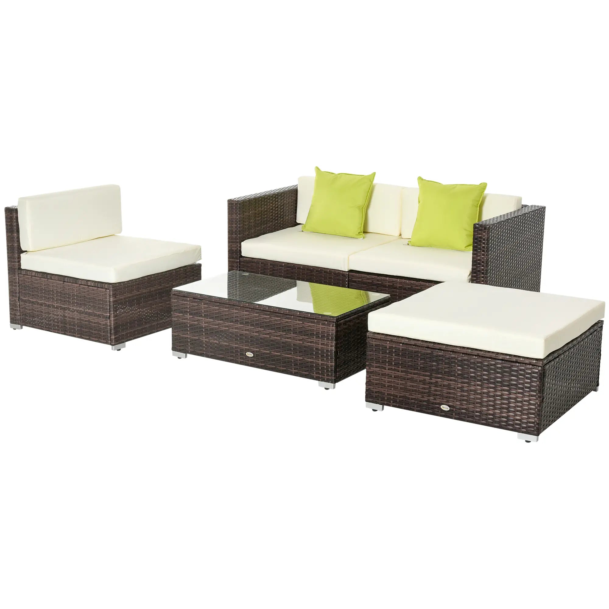 Outdoor furniture set with wicker chairs, table, and cushions on a white background