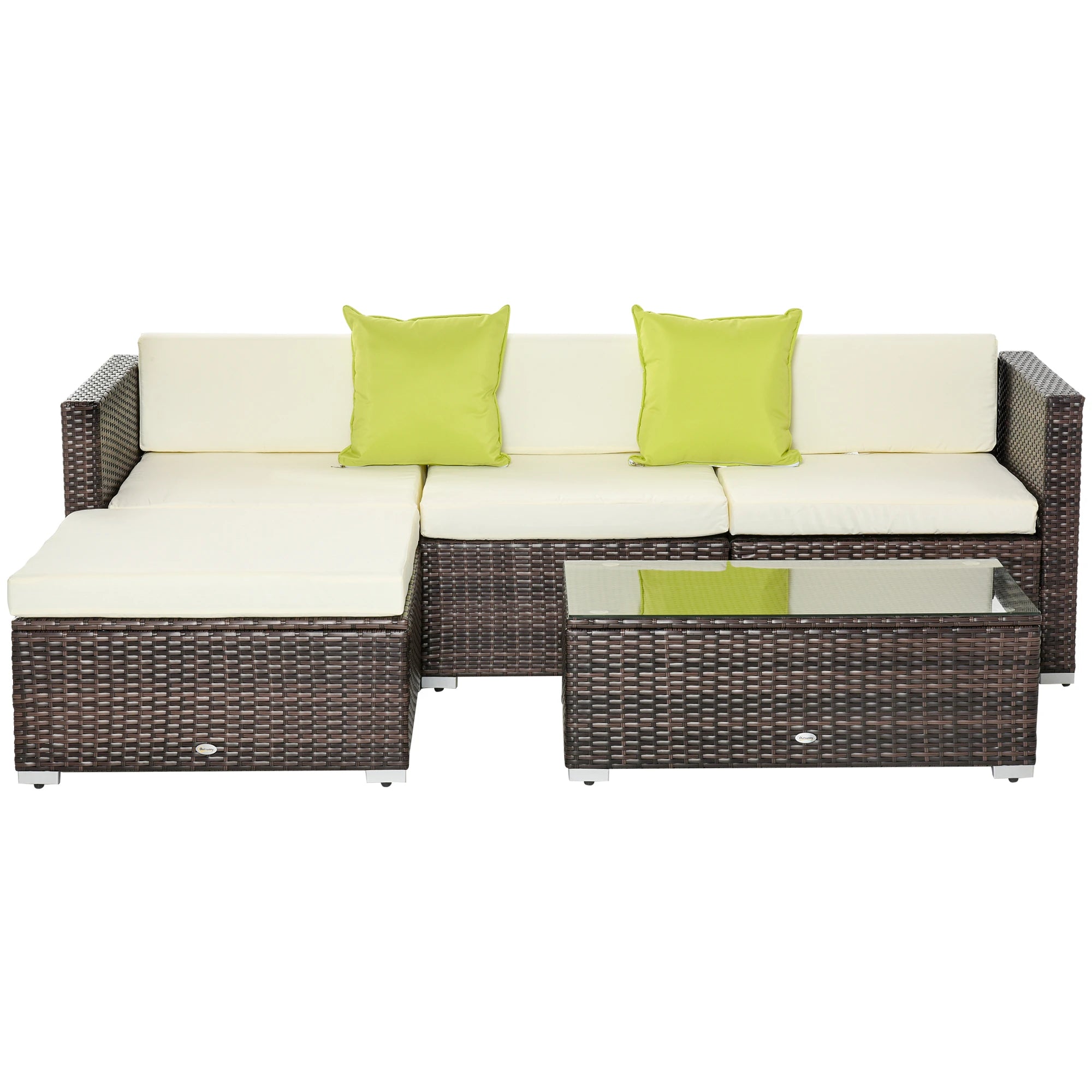Outdoor furniture set with wicker sectional and cushions on a white background