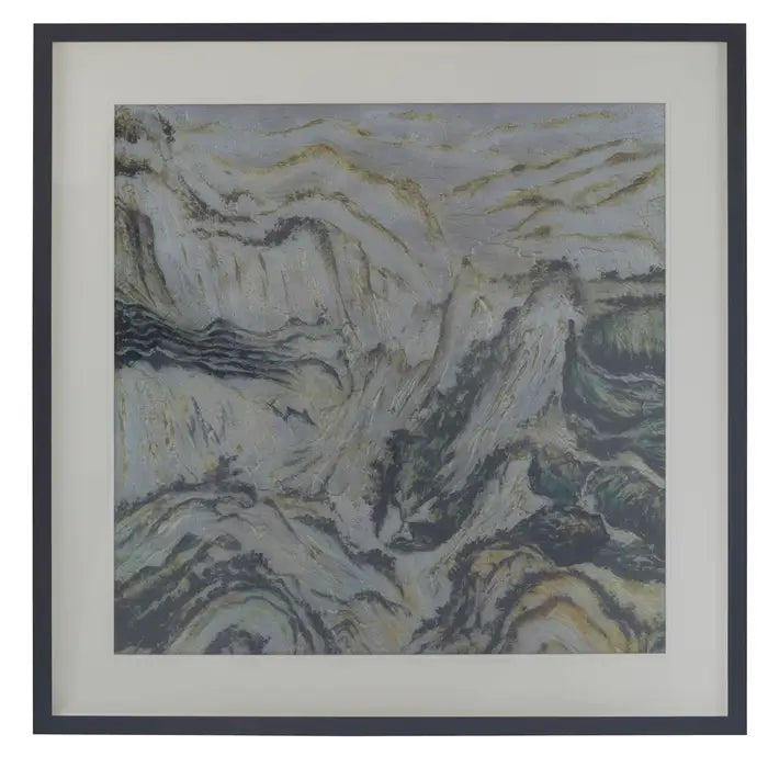 Framed abstract artwork with wavy patterns on a white background