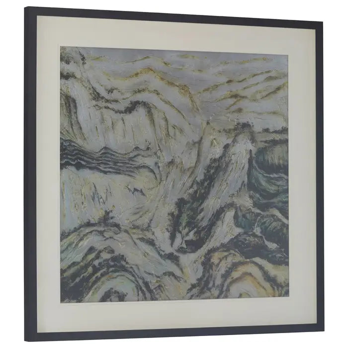 Framed abstract artwork with wavy patterns in neutral tones.