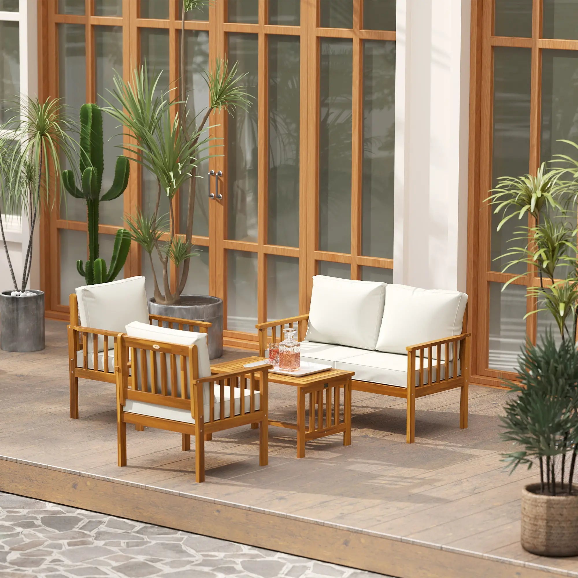 Outdoor furniture set with wooden chairs and table on a patio, surrounded by potted plants.