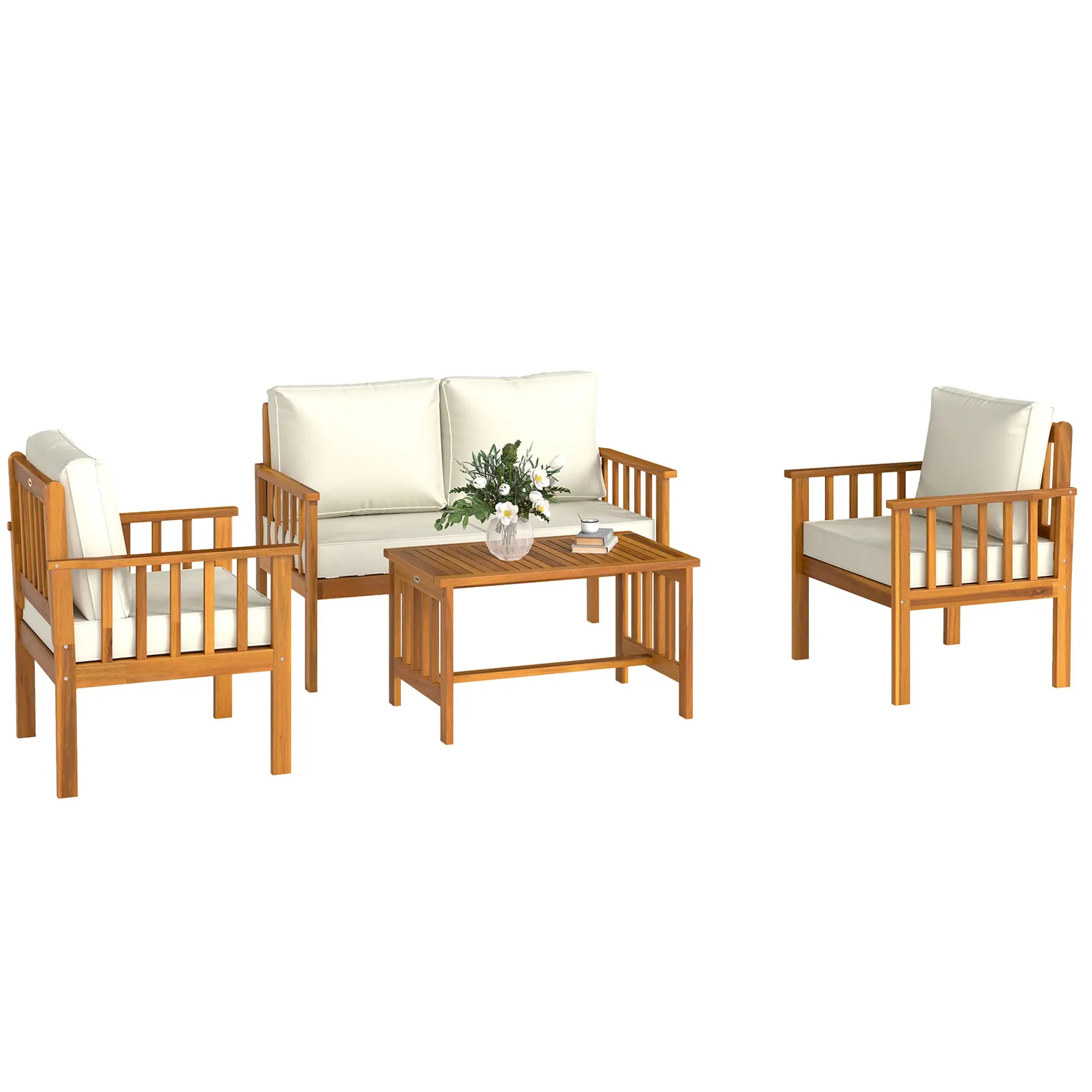 Wooden outdoor furniture set with beige cushions on a white background