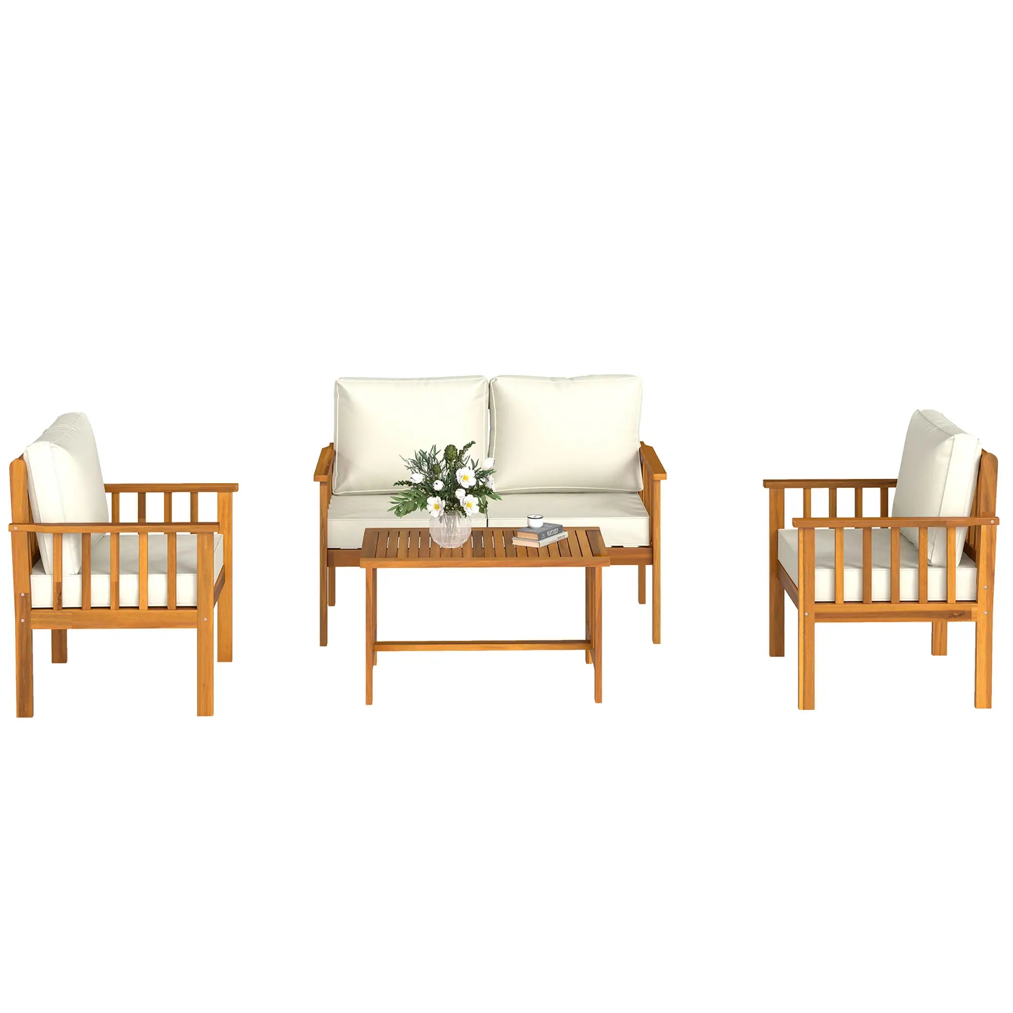 Wooden outdoor furniture set with white cushions on a white background