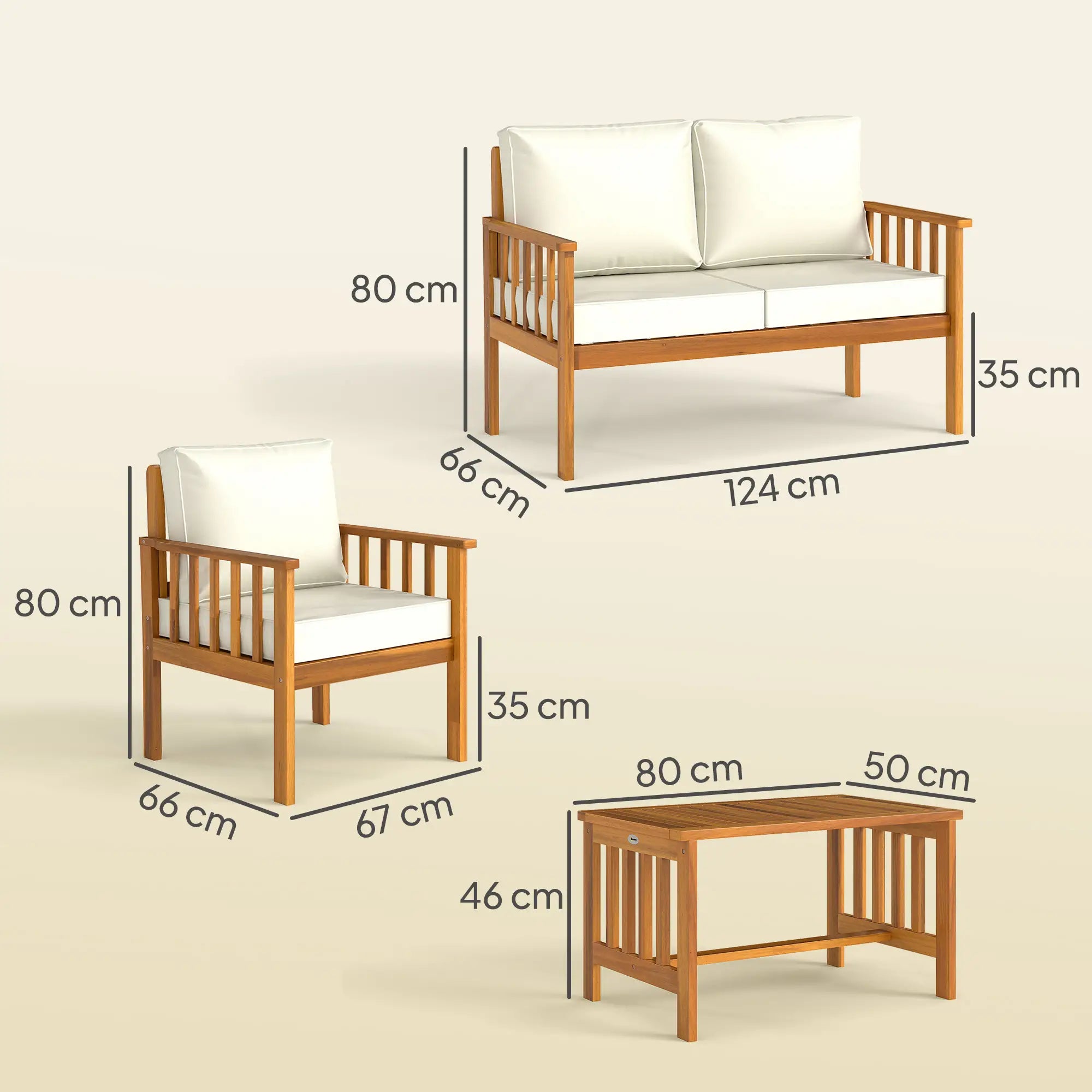 Wooden outdoor furniture set with dimensions on a beige background