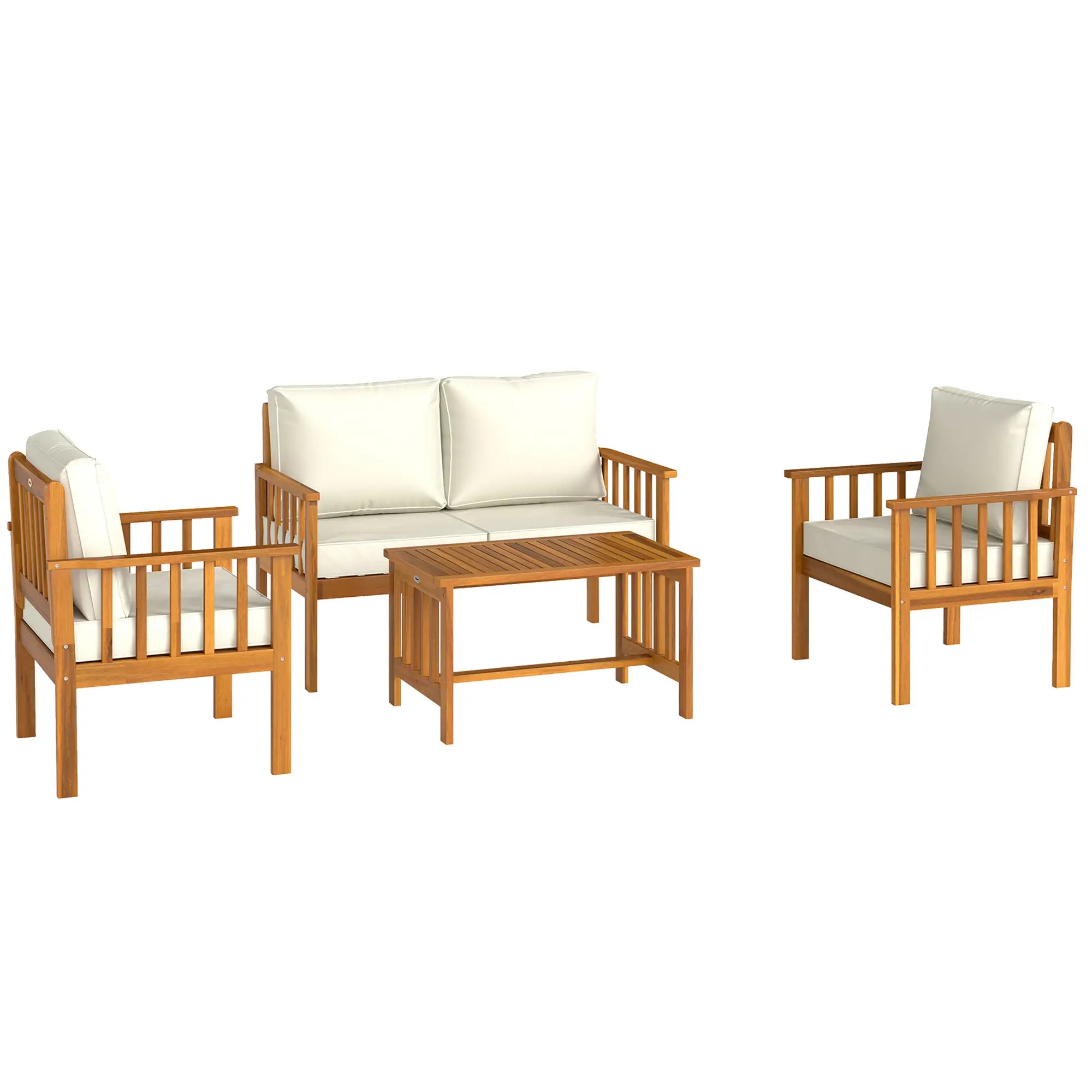 Wooden outdoor furniture set with beige cushions on a white background