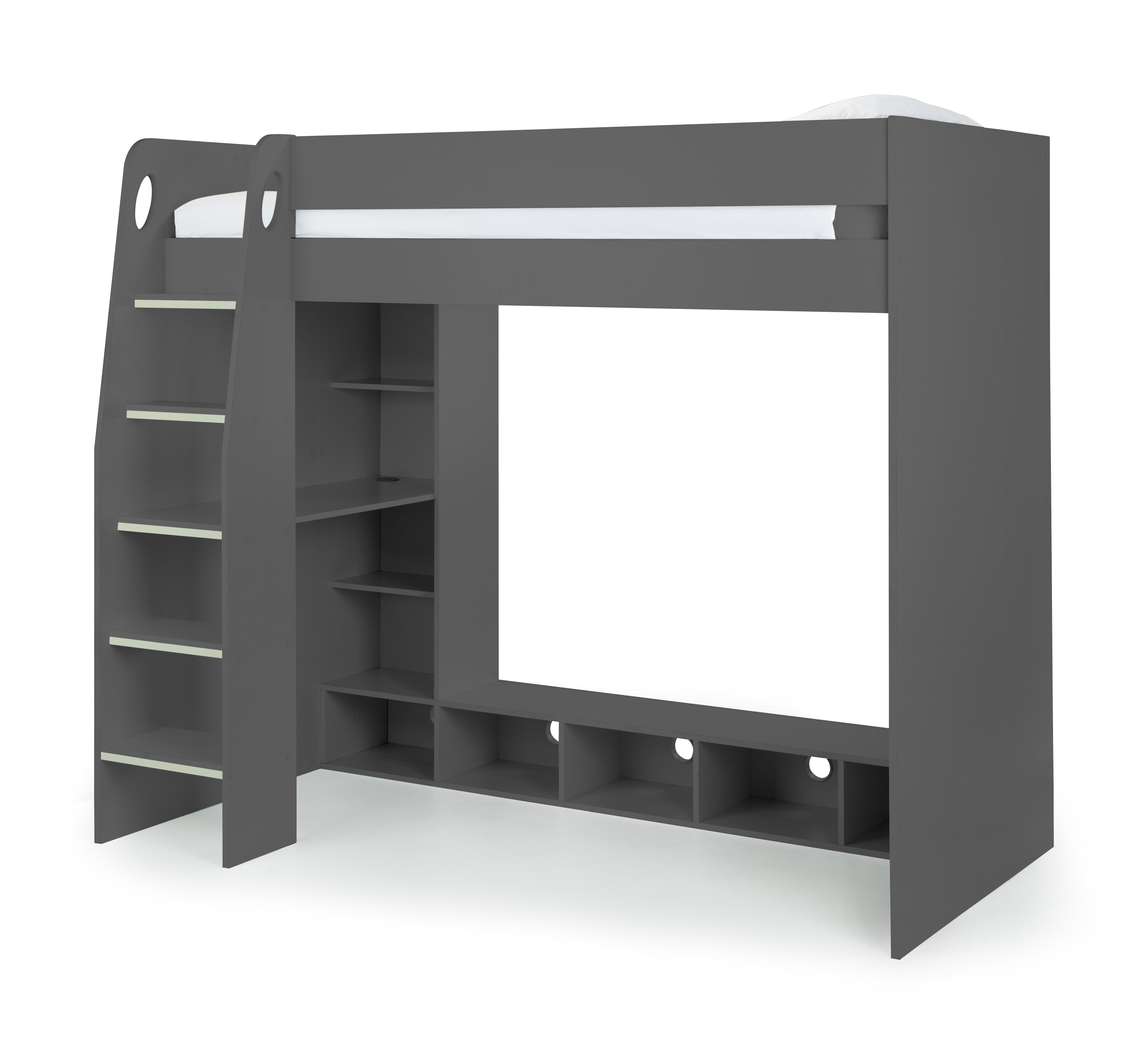 Gray loft bed with bookshelves on a white background
