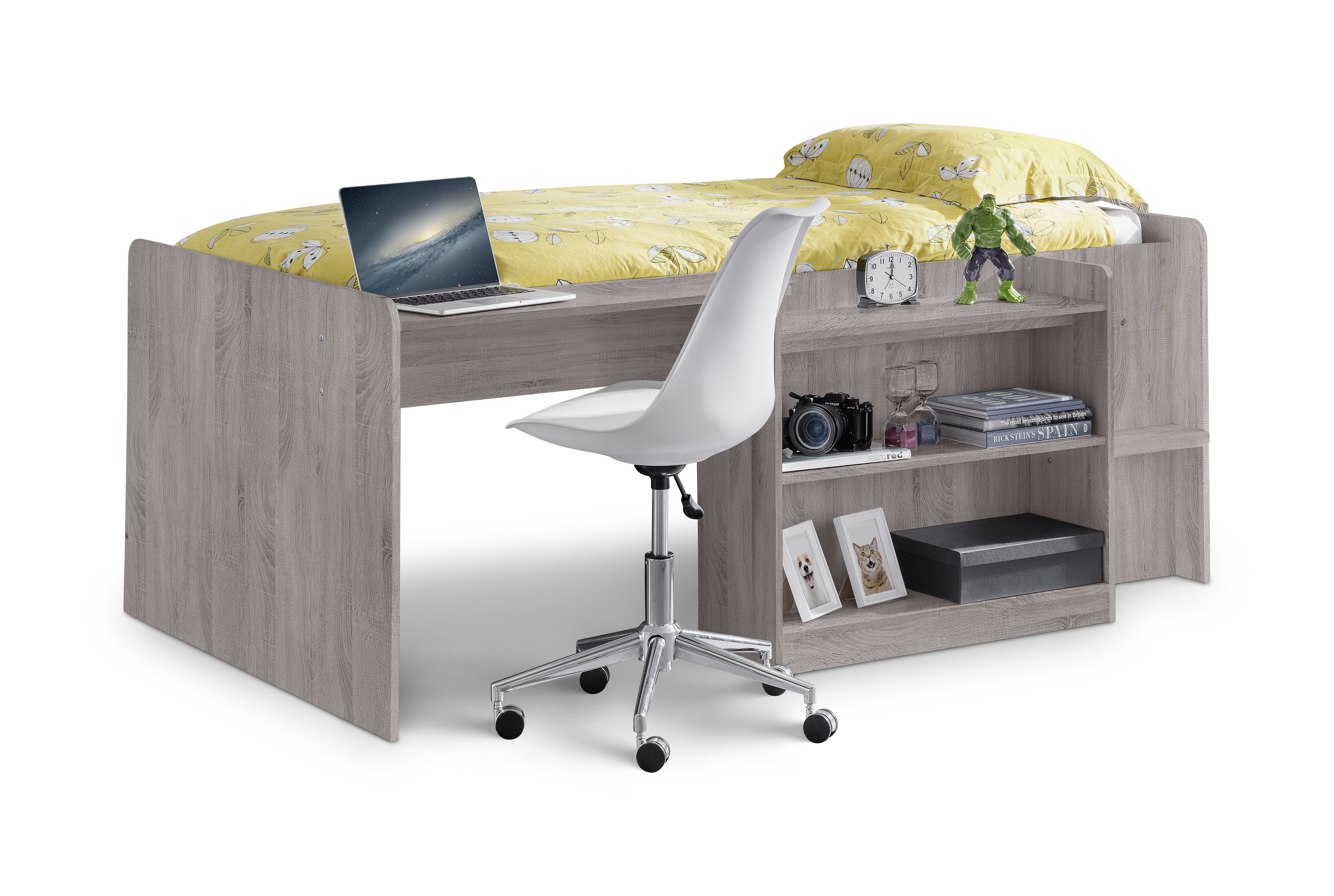 Children's room with a bed, desk, and chair on a white background