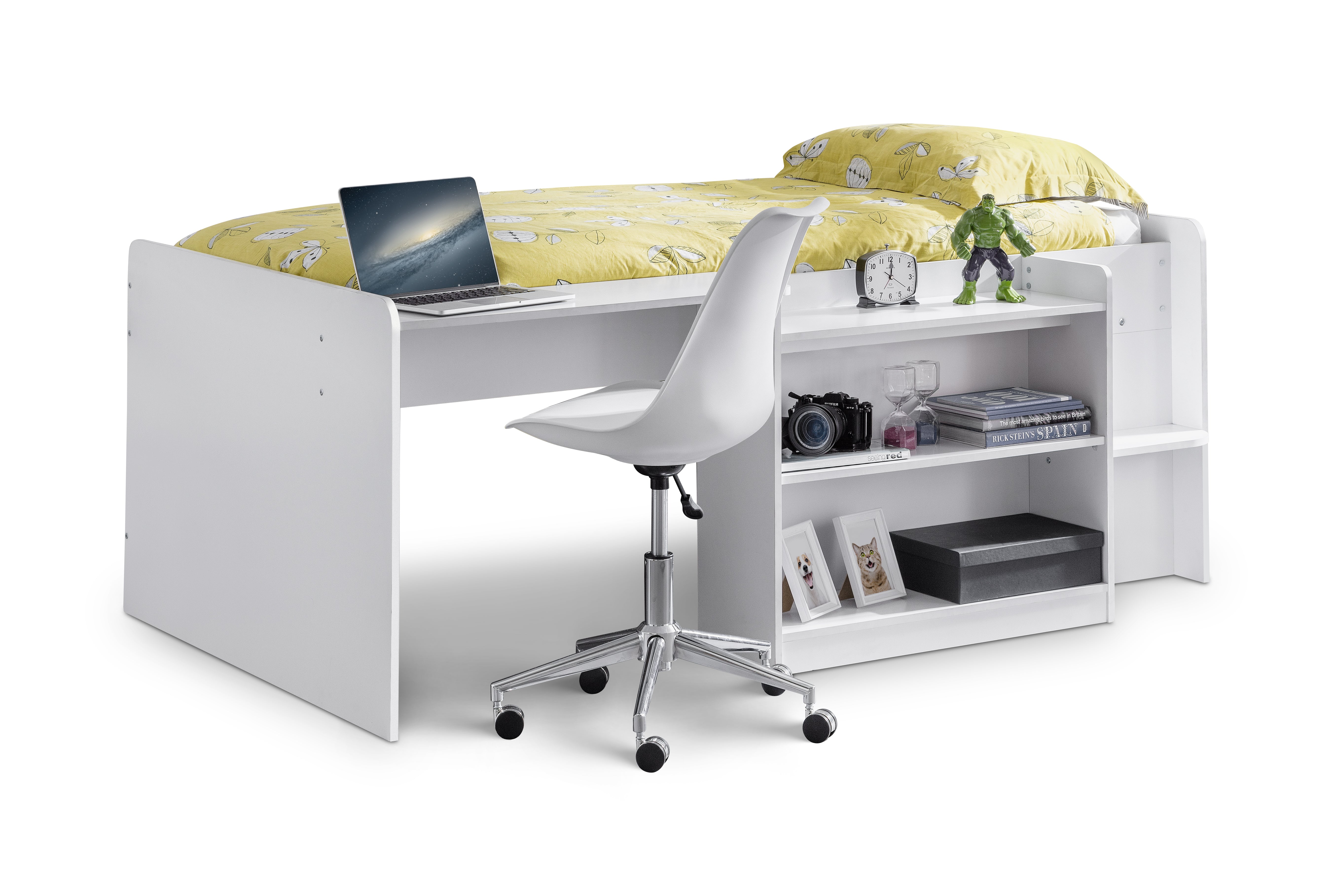 White study bed with desk, chair, and various items on a white background
