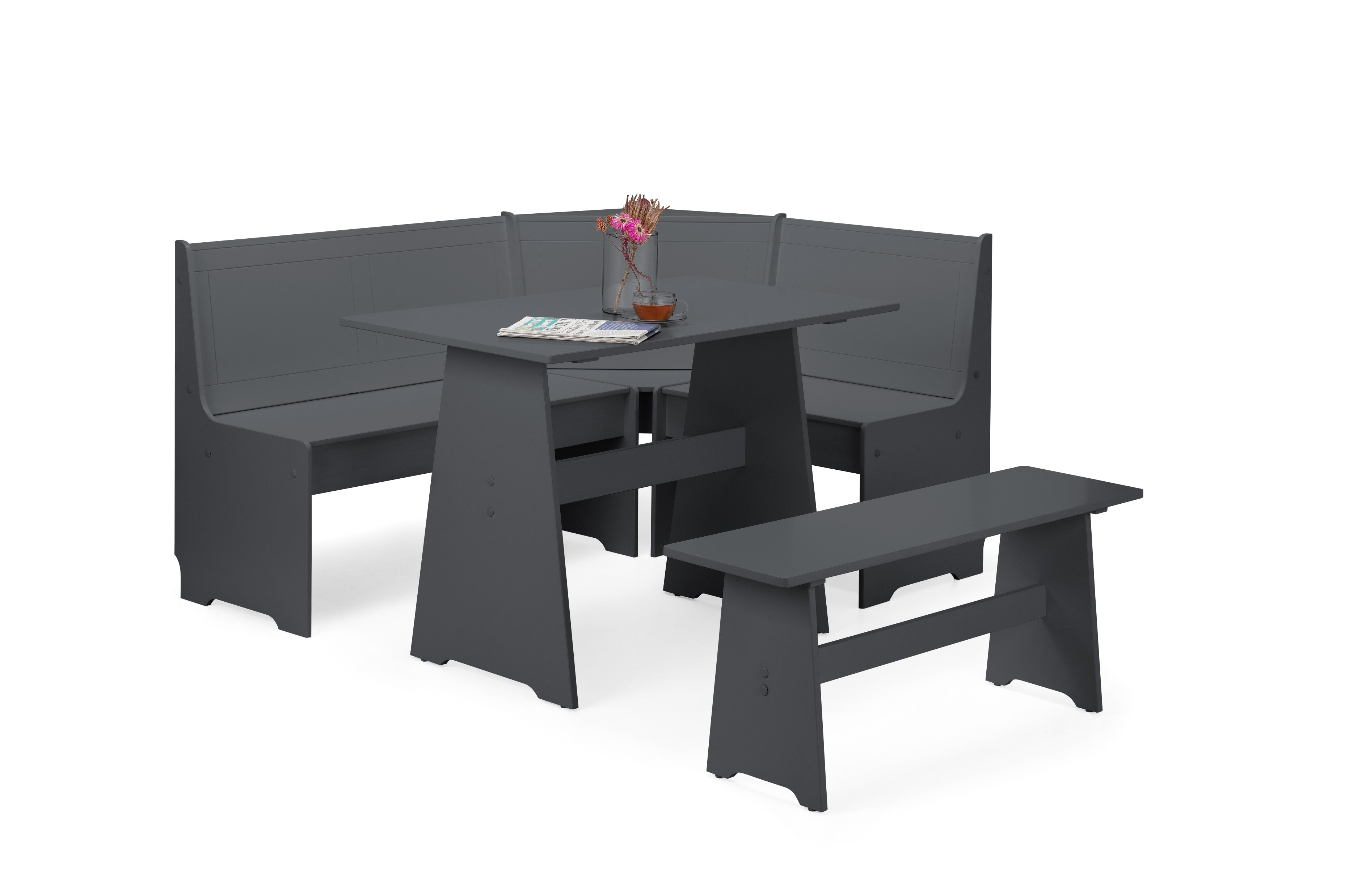 Gray outdoor furniture set with table and benches on a white background