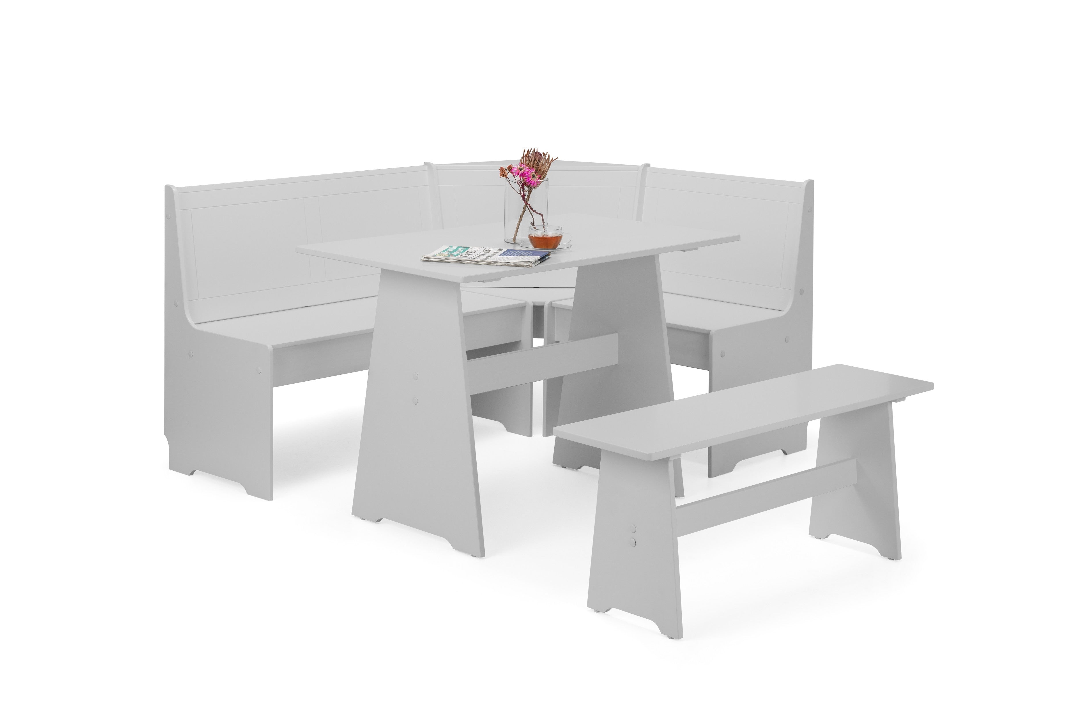 Grey dining set with bench and table on a white background