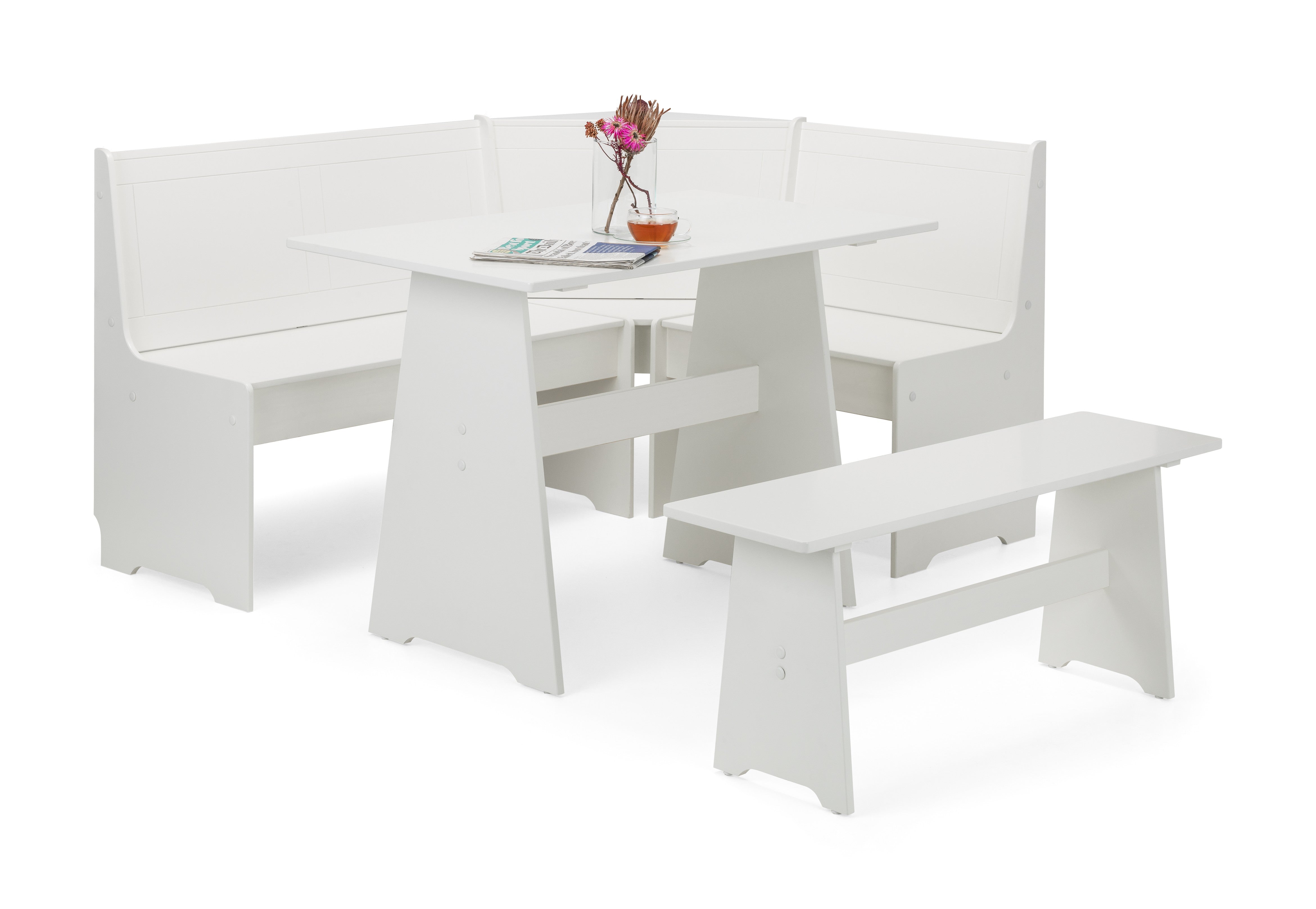 White dining set with bench and table on a white background