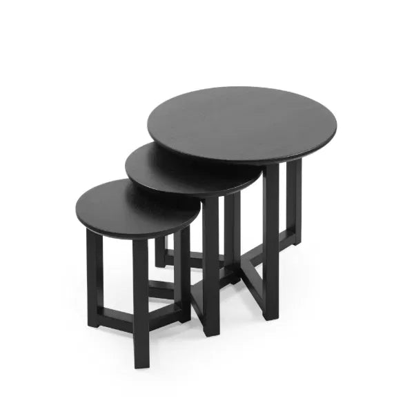 Set of three black nesting tables on a white background