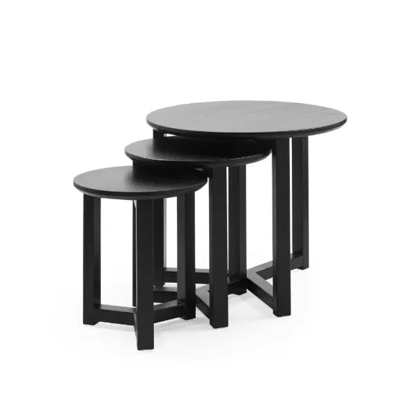 Set of three black nesting tables on a white background