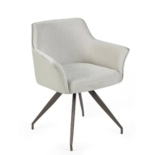 Gray upholstered chair with metal legs on a white background