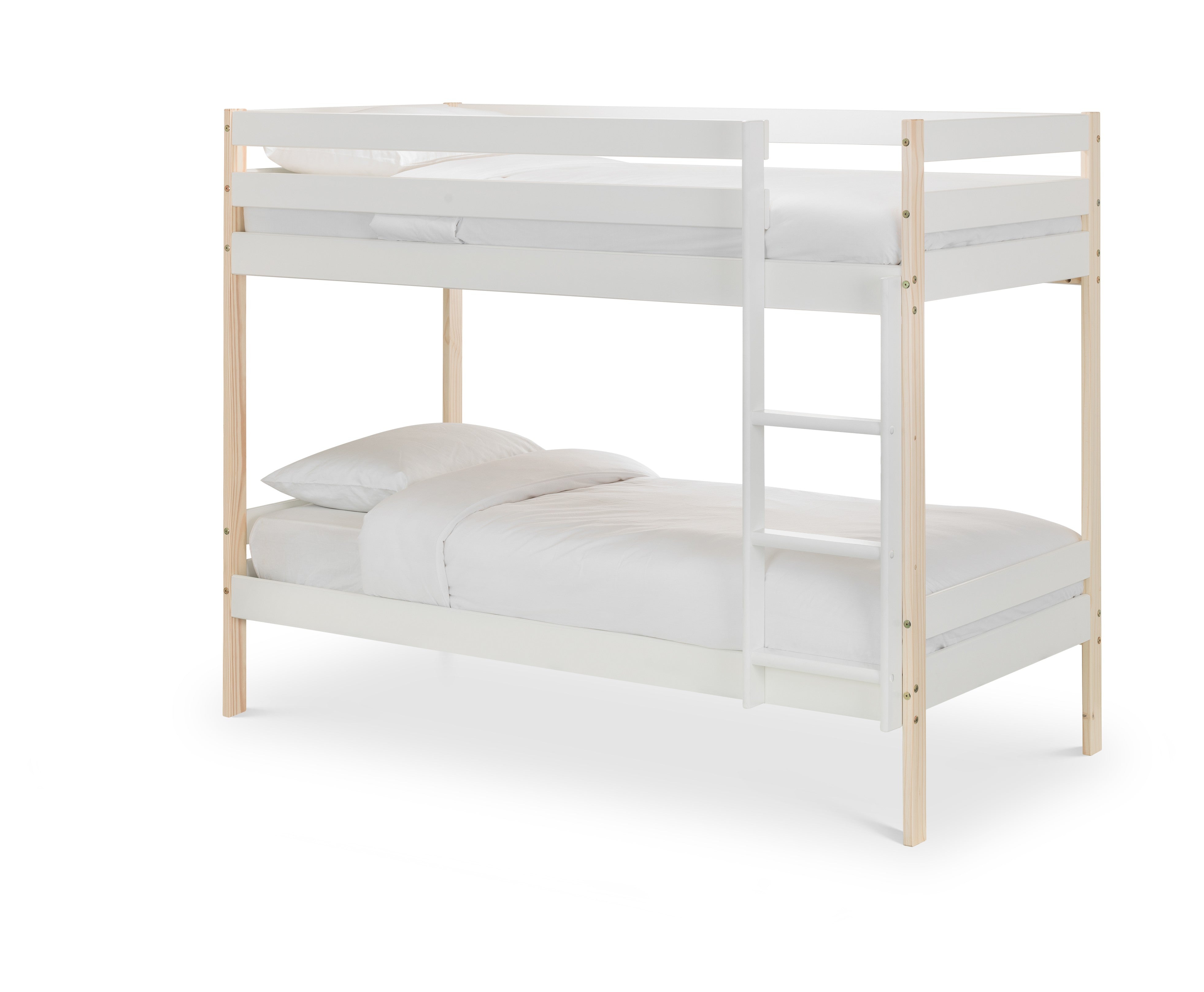 White bunk bed with wooden frame on a white background