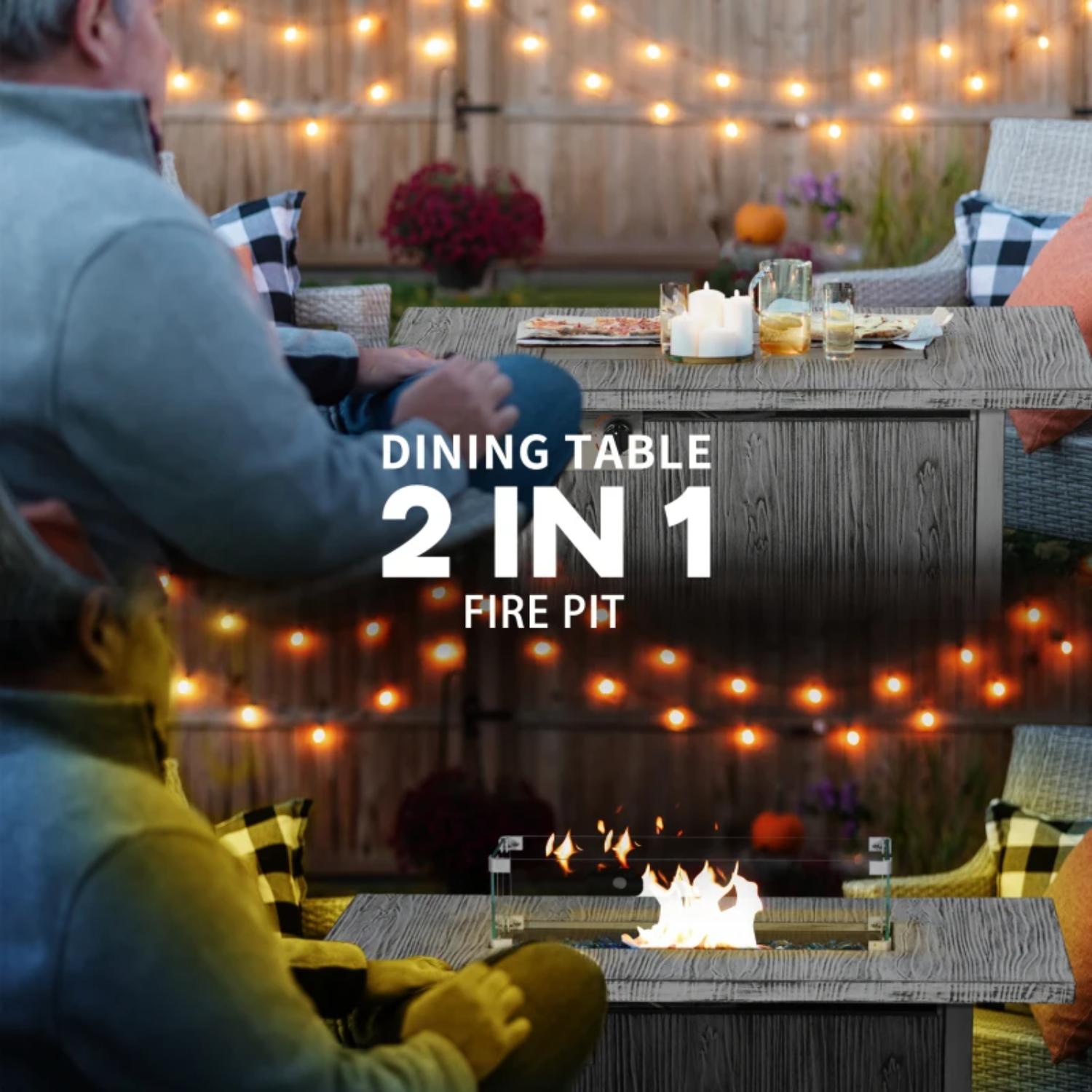 Dining table with fire pit feature in an outdoor setting with people sitting around.