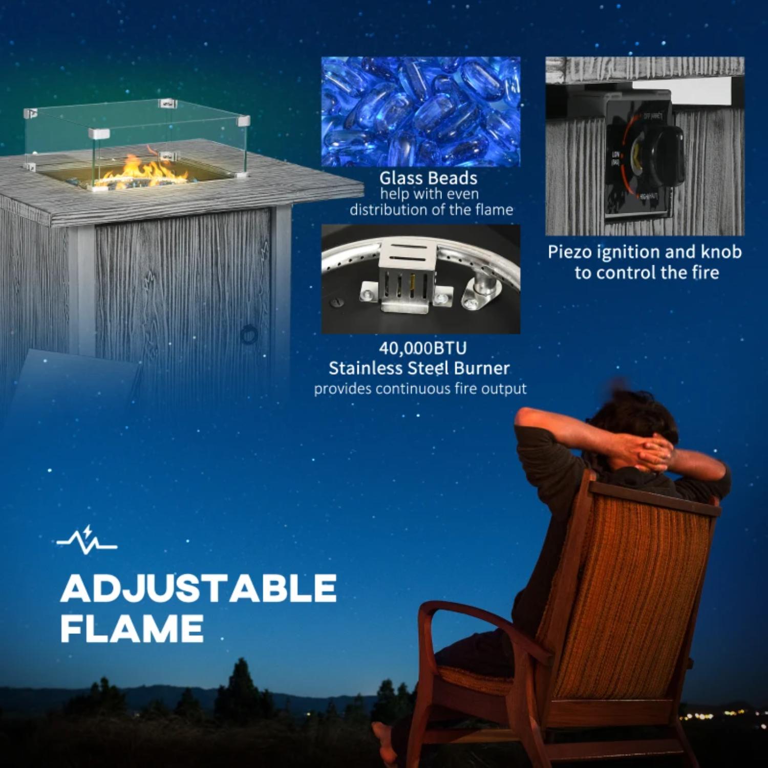 Outdoor fire pit with adjustable flame features highlighted, including glass beads and piezo ignition system.