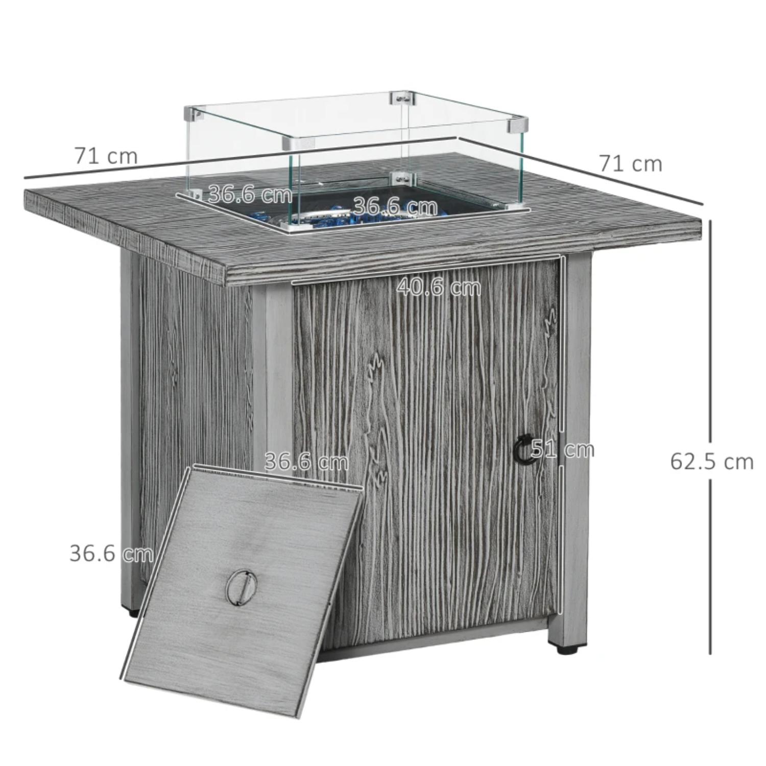 Outdoor fire pit table with dimensions on a white background