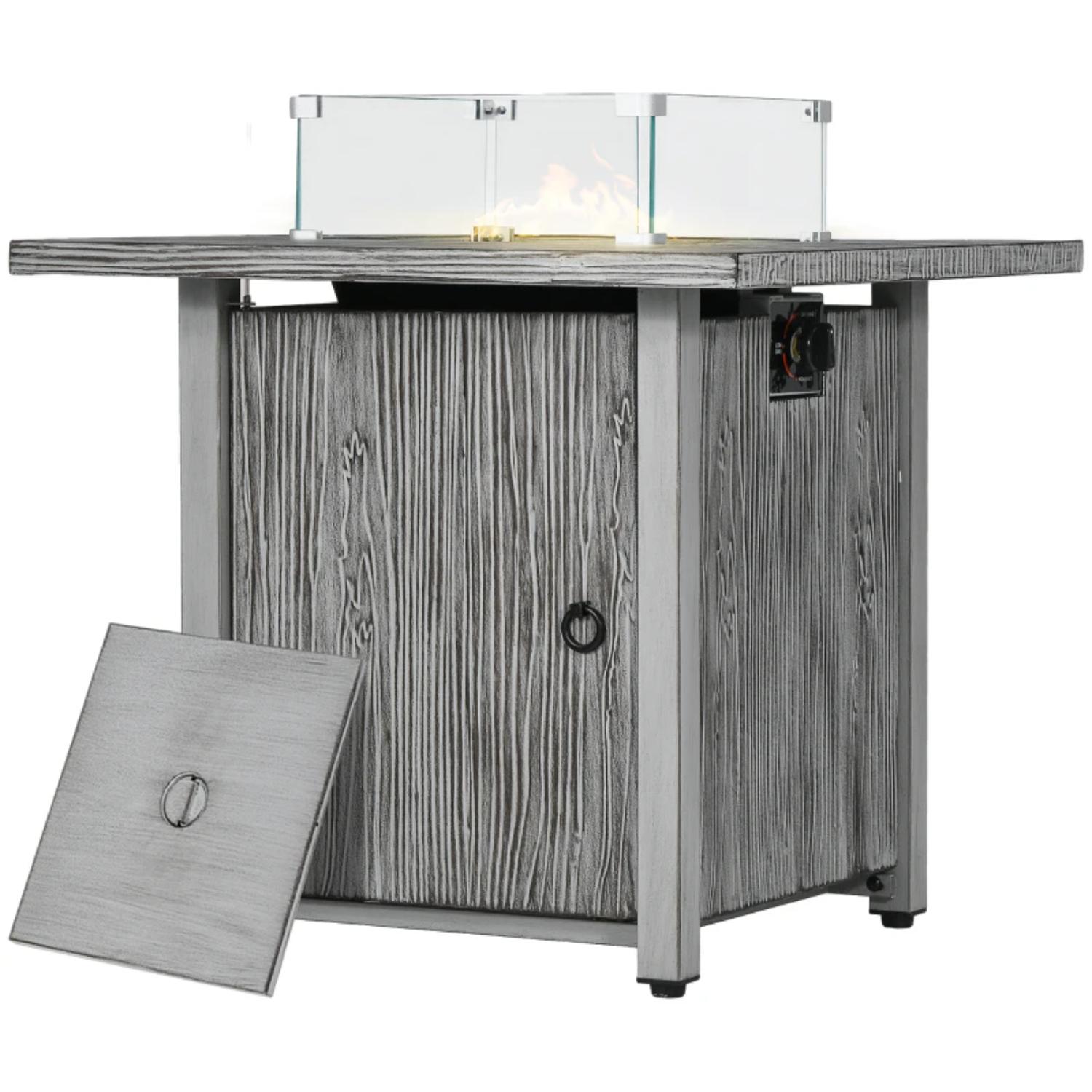 Outdoor fire table with glass top and wooden finish on a white background
