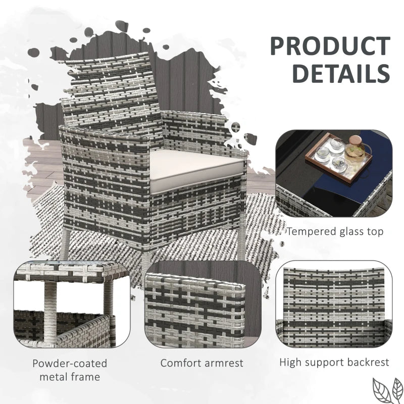 Chair with product details including tempered glass top, powder-coated metal frame, comfort armrest, and high support backrest.