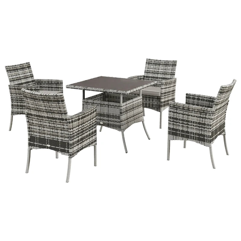 Outdoor furniture set with a square table and four chairs on a white background