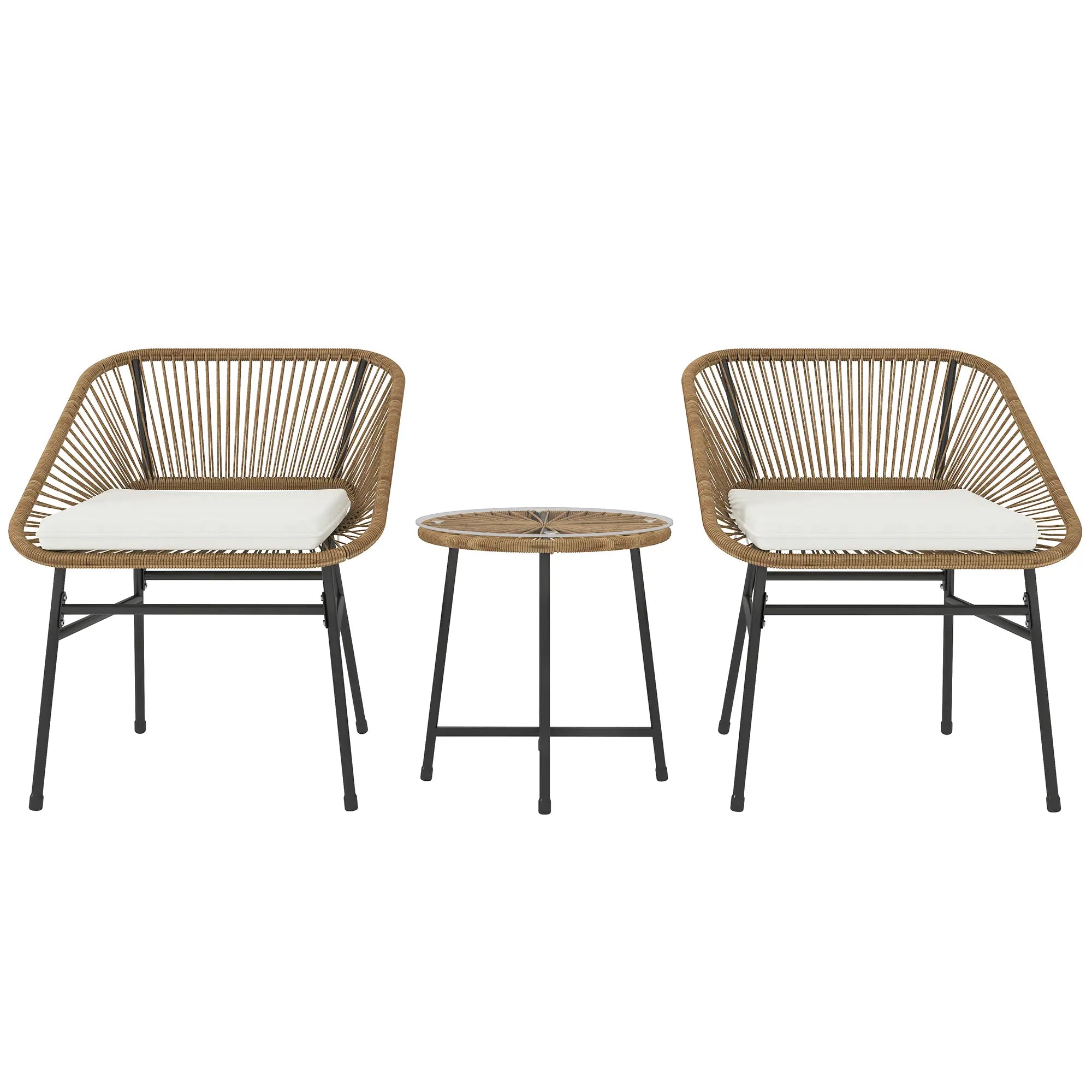 Two wicker chairs with white cushions and a matching side table on a white background