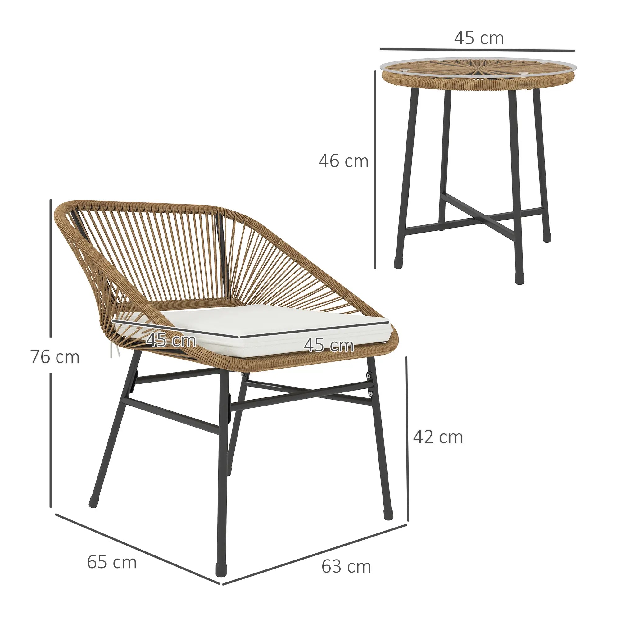 Wicker chair and round table with dimensions on a white background