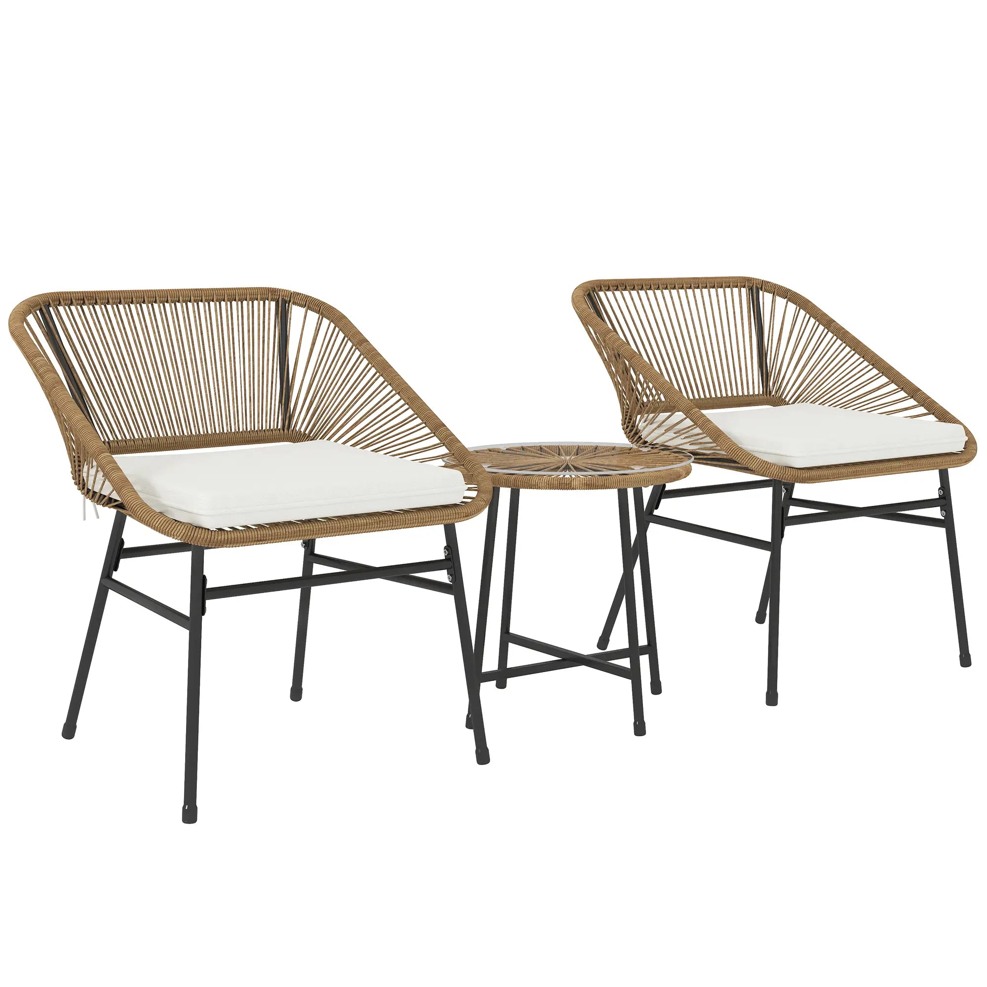 Two wicker chairs with white cushions on a white background