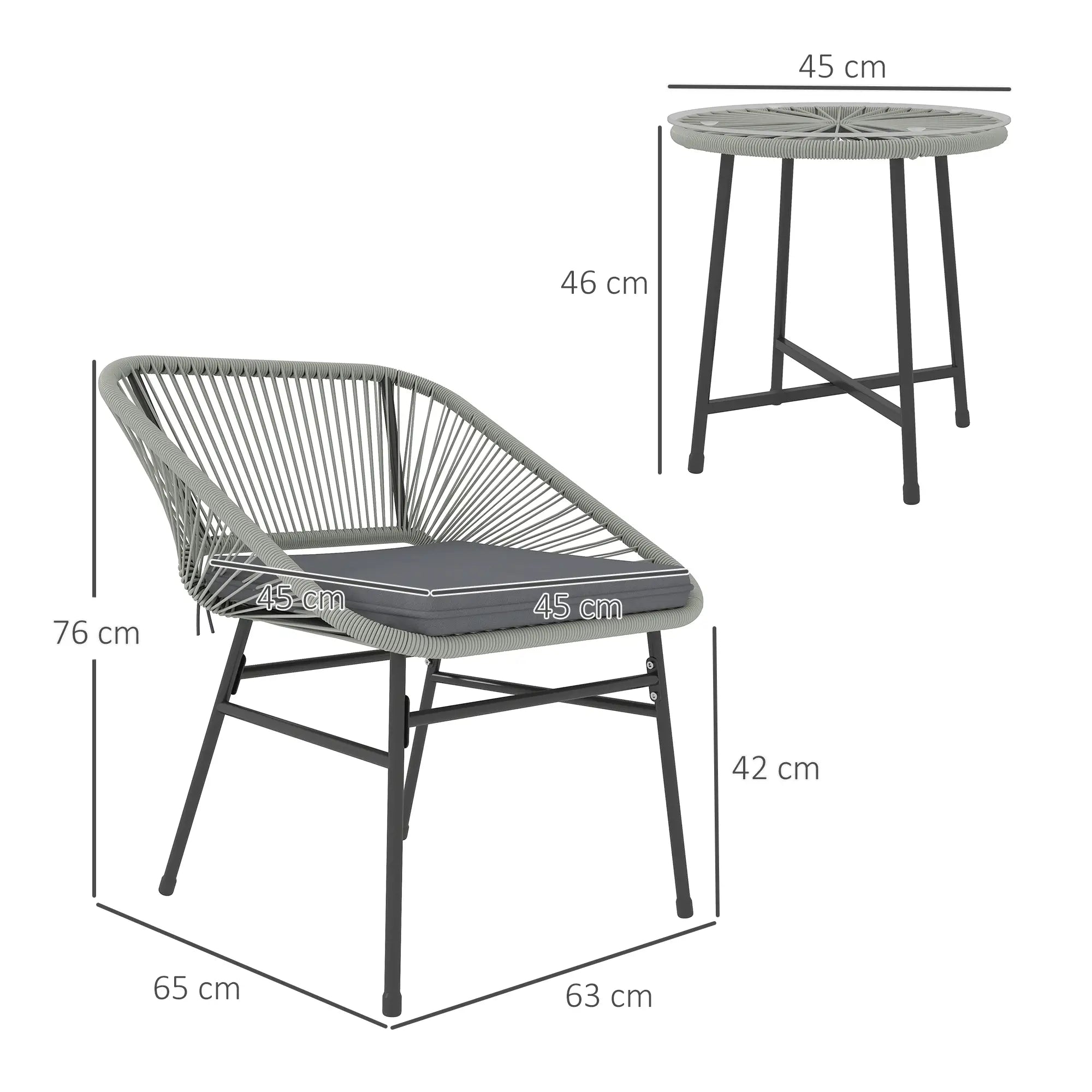 Chair and table with dimensions on a white background