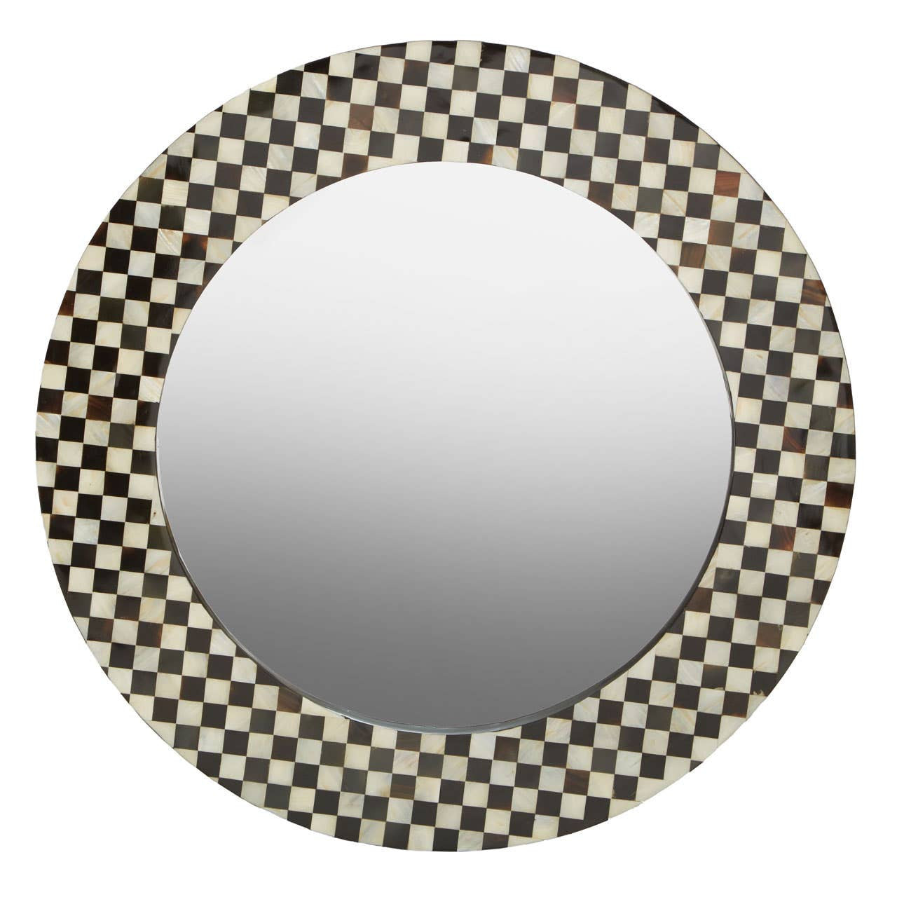 Round mirror with a checkered black and white frame on a white background