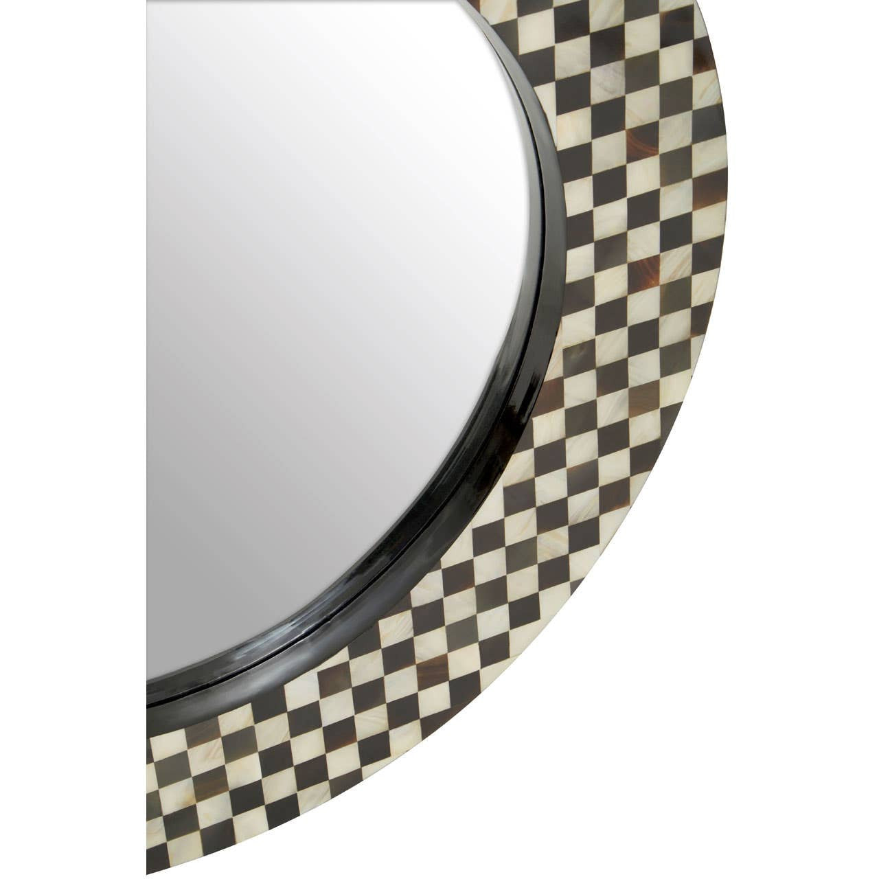 Round mirror with a checkered border on a white background