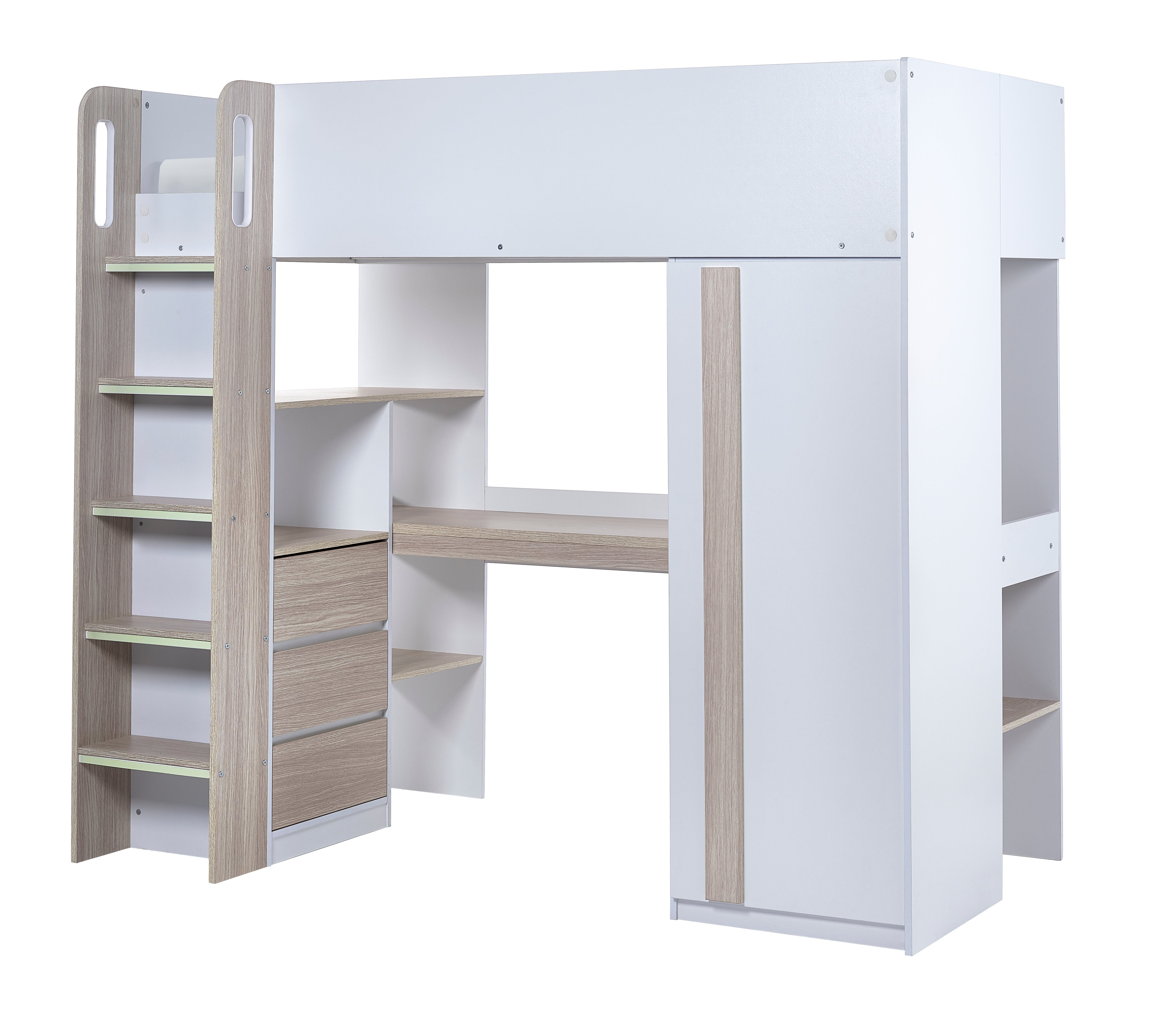 White loft bed with desk and shelves on a white background