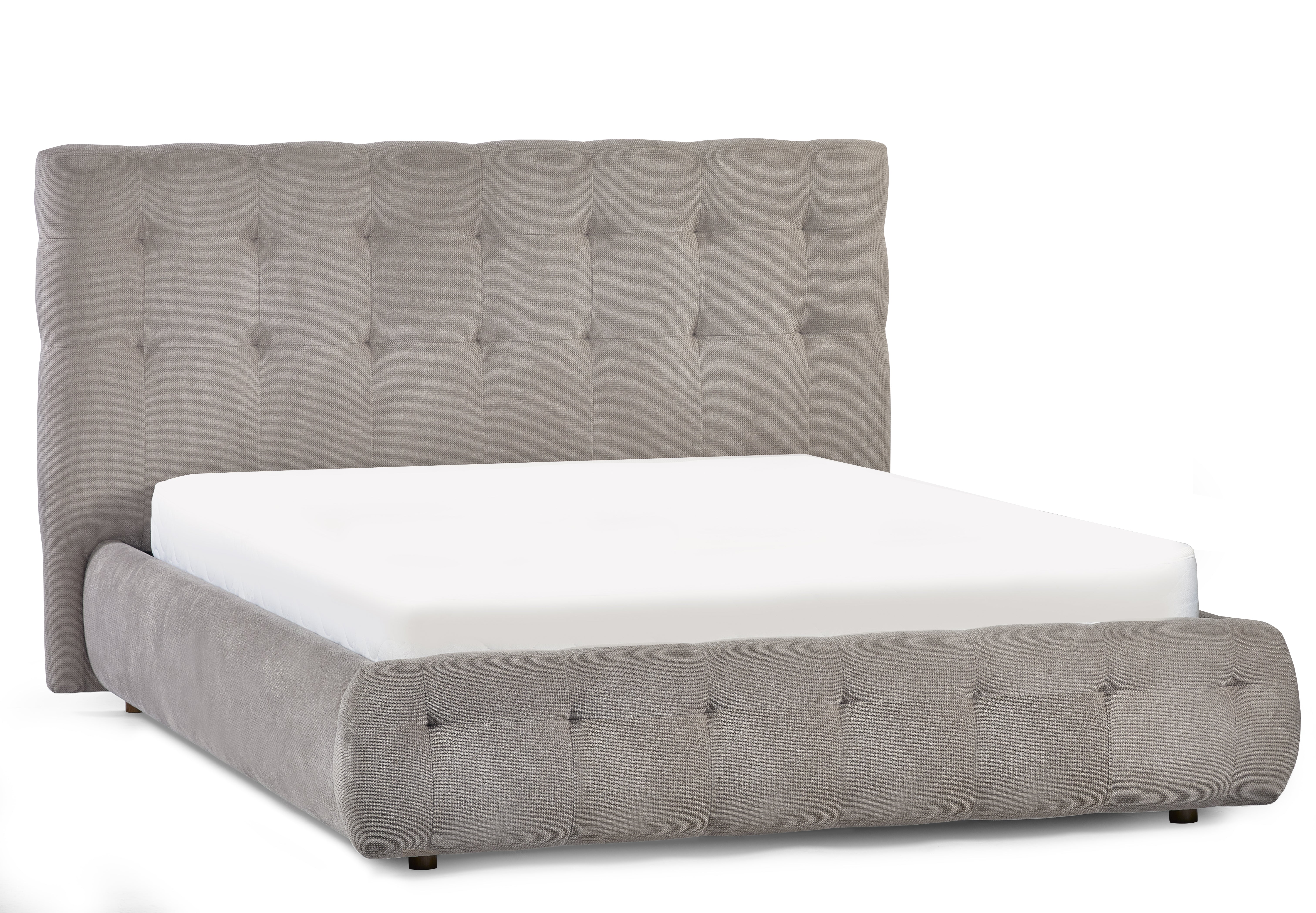 Gray upholstered bed with tufted headboard on a white background