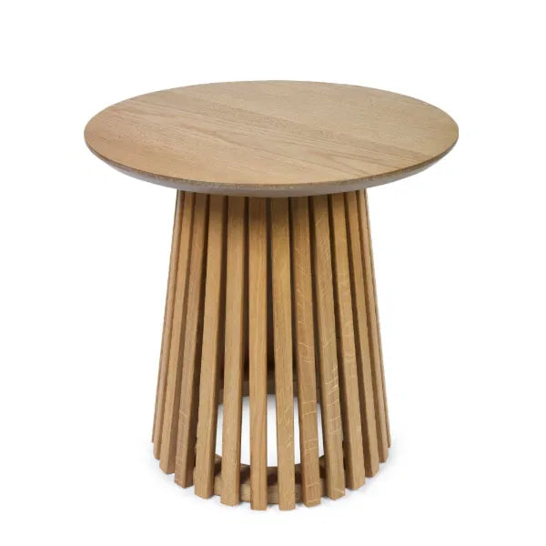 Wooden side table with unique cylindrical base design on a white background