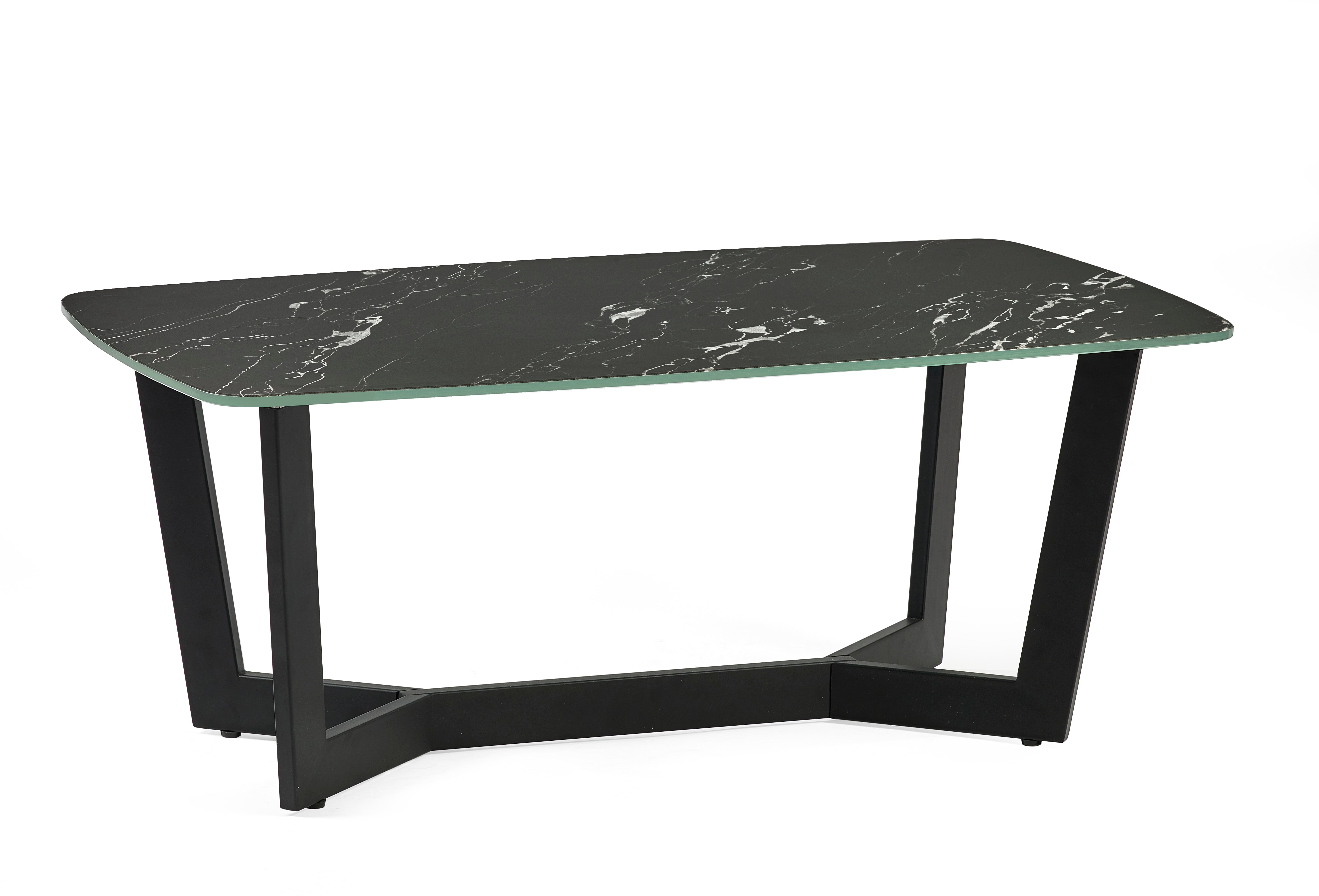 Dining table with black marble top and black metal legs on a white background