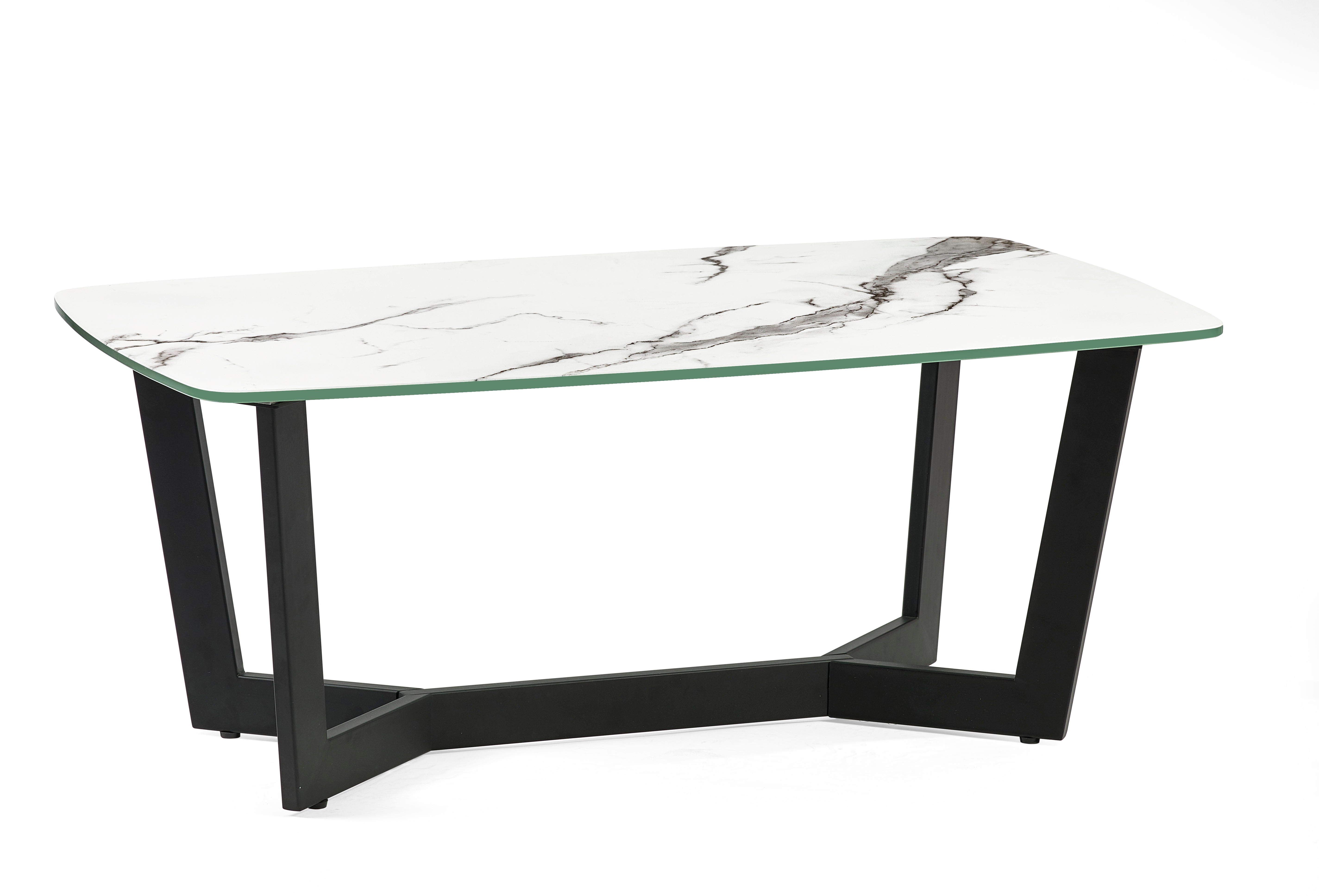 Glass dining table with marble pattern on a white background